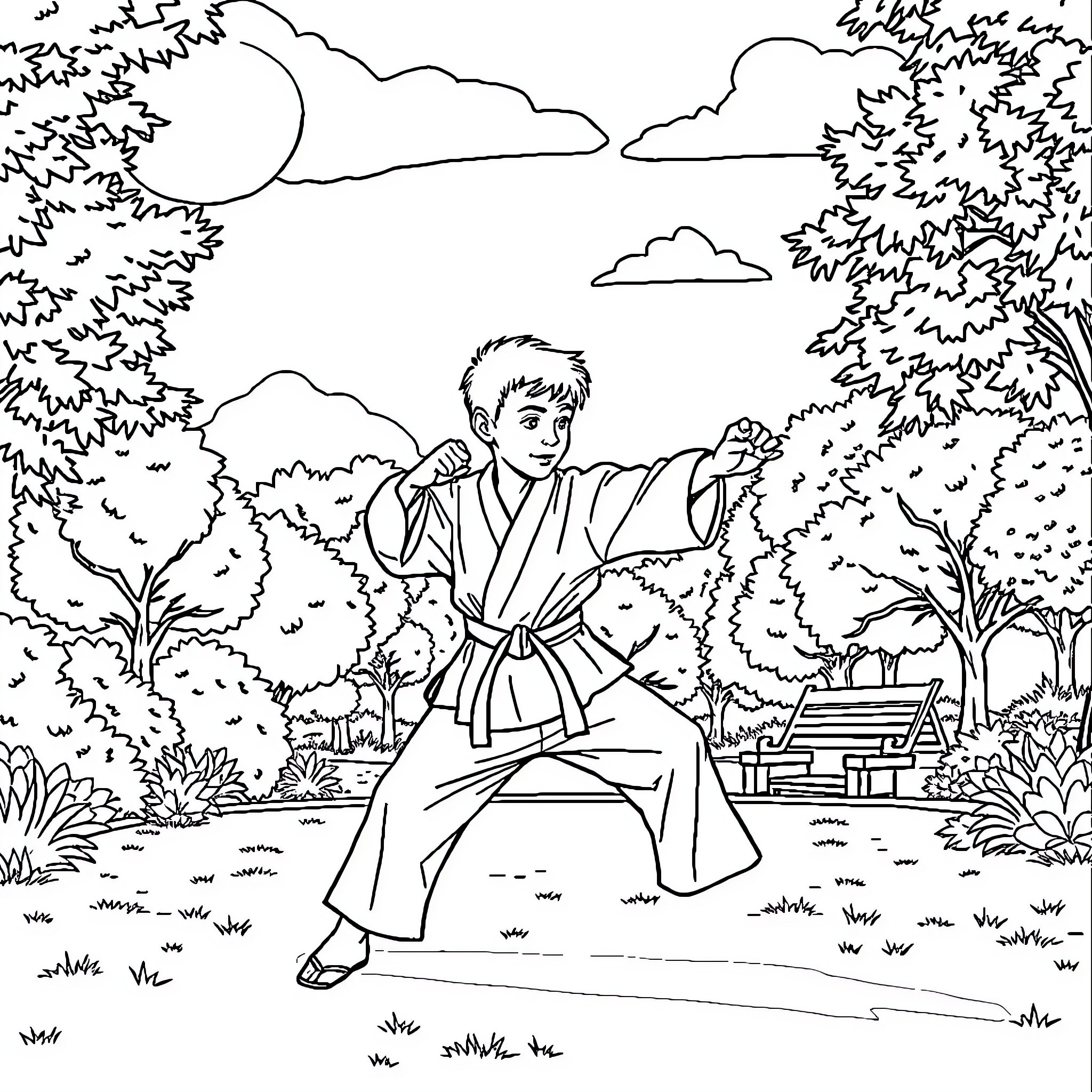 Boy practicing martial arts in the park Coloring Page (free black-and-white line drawing printable PDF for all, from beginners to advanced learners, including children, teens, adults, and seniors)
