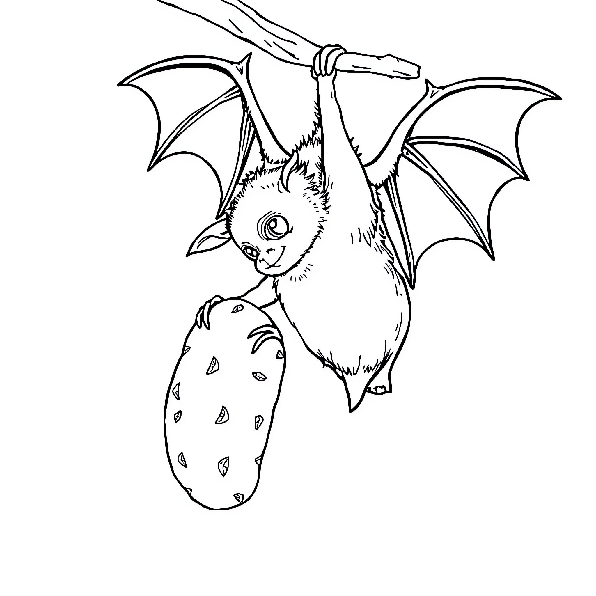 Bat hanging upside down on branch Coloring Page (free black-and-white line drawing printable PDF for all, from beginners to advanced learners, including children, teens, adults, and seniors)