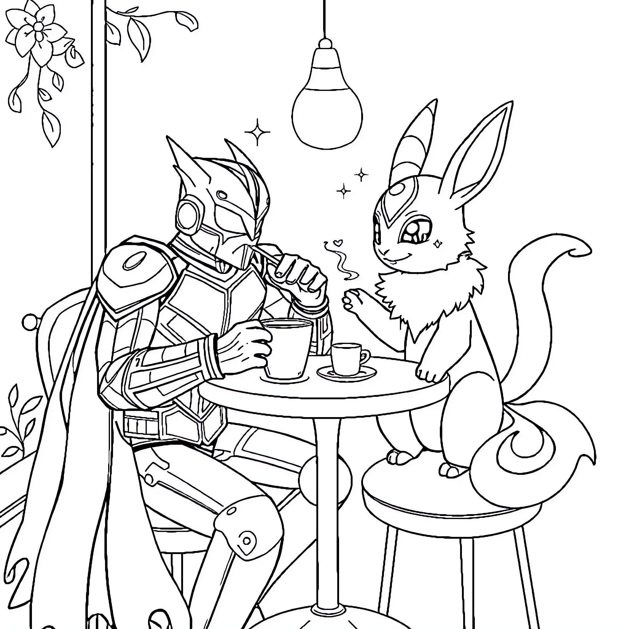 Homem de Ferro and Rabbit Enjoying Tea Together Coloring Page (free black-and-white line drawing printable PDF for all, from beginners to advanced learners, including children, teens, adults, and seniors)