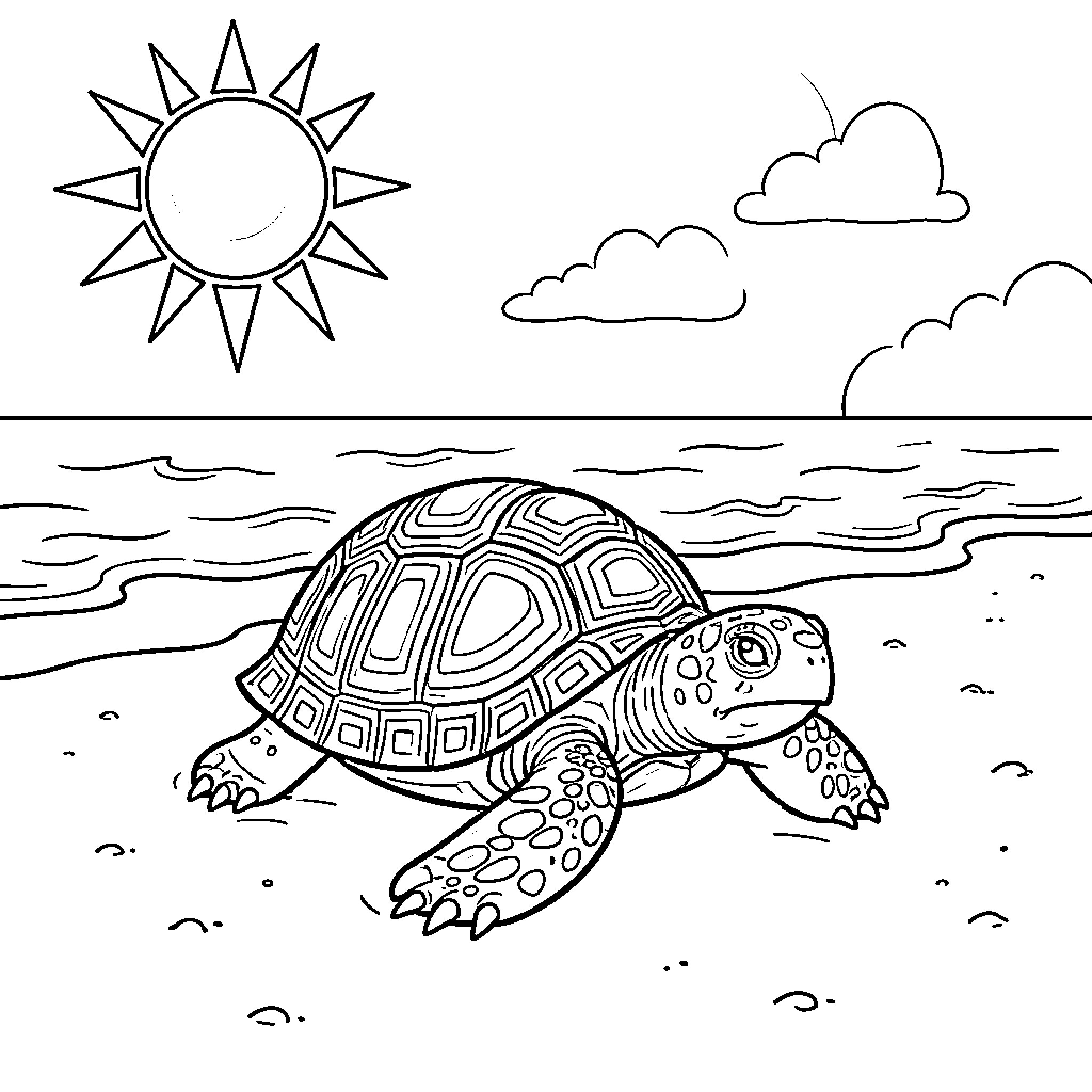 Turtle walking on the beach under the sun Coloring Page (free black-and-white line drawing printable PDF for all, from beginners to advanced learners, including children, teens, adults, and seniors)