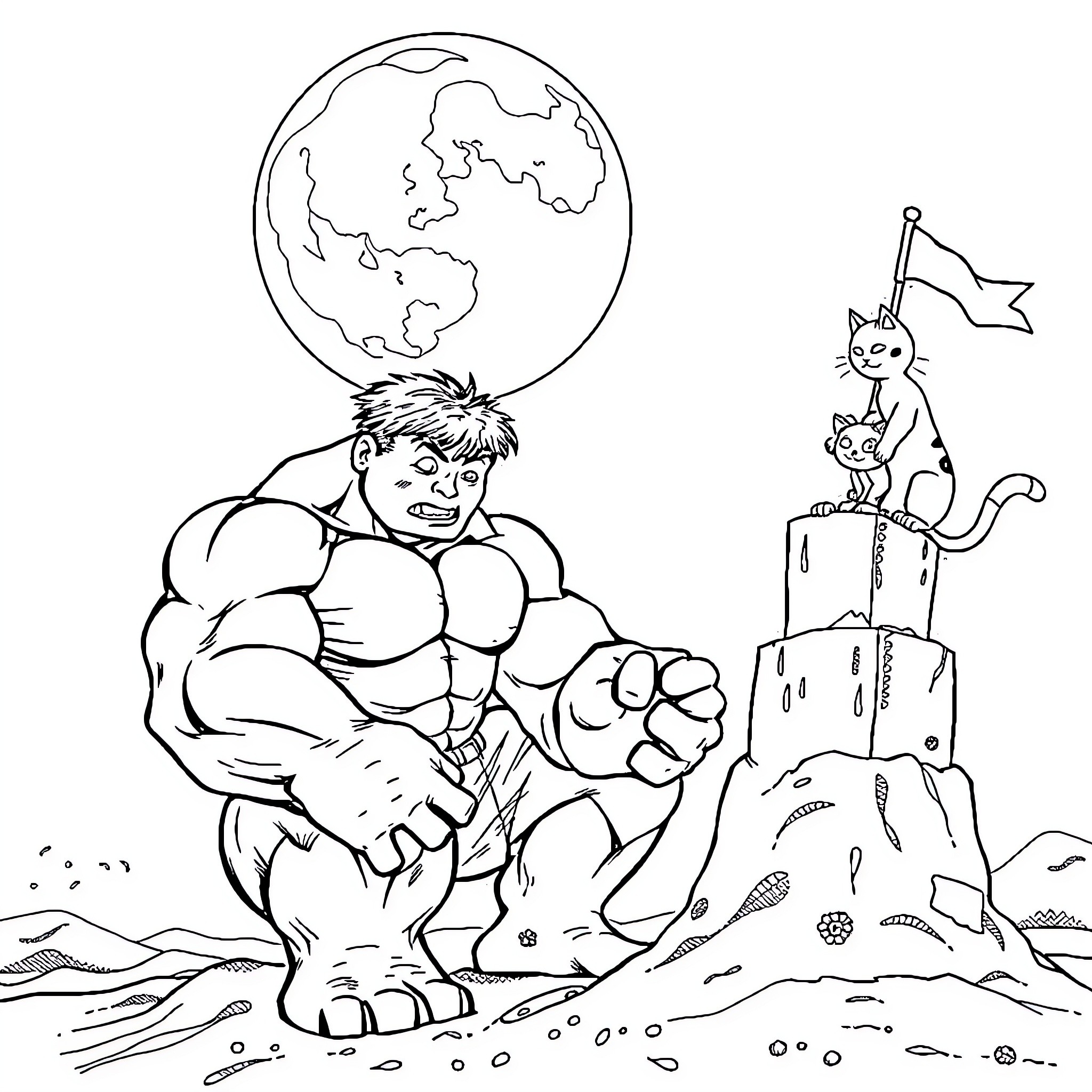 Hulk Smashing Through the World Coloring Page (free black-and-white line drawing printable PDF for all, from beginners to advanced learners, including children, teens, adults, and seniors)