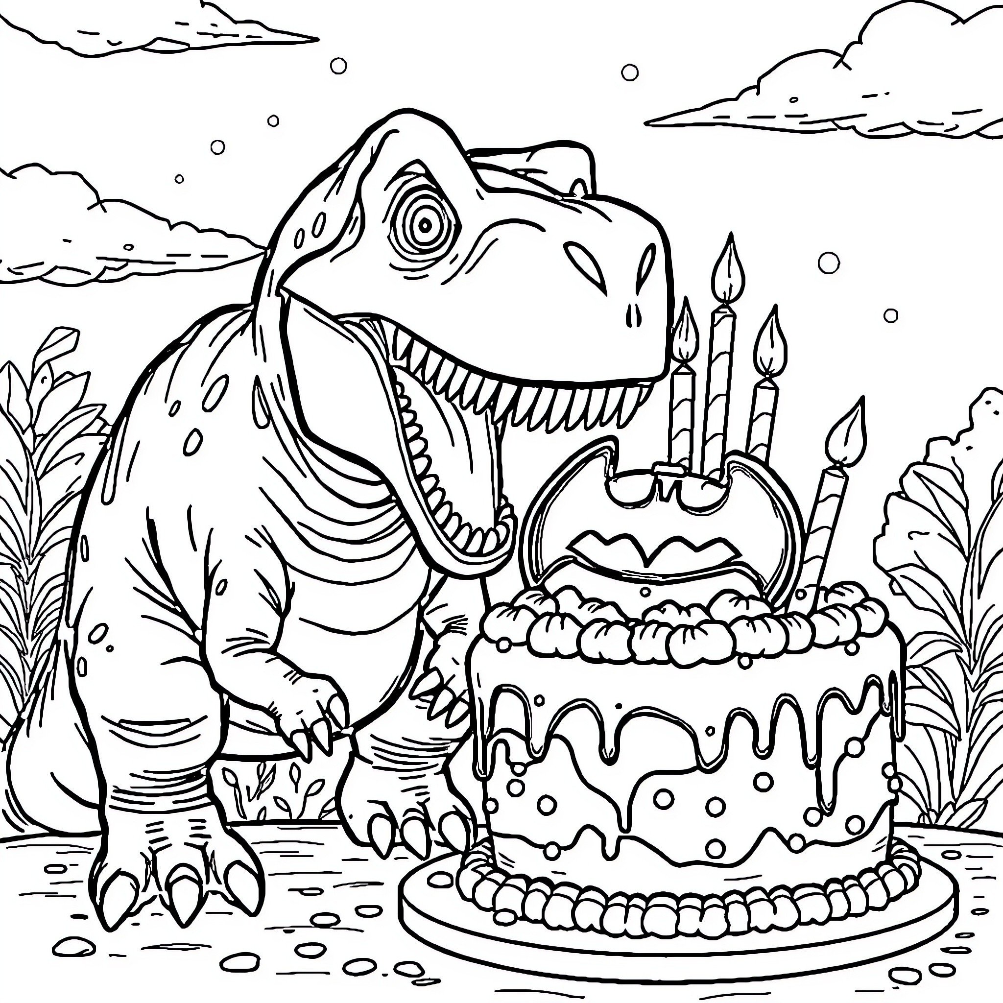Dinosaur celebrates birthday with cake and candles Coloring Page (free black-and-white line drawing printable PDF for all, from beginners to advanced learners, including children, teens, adults, and seniors)