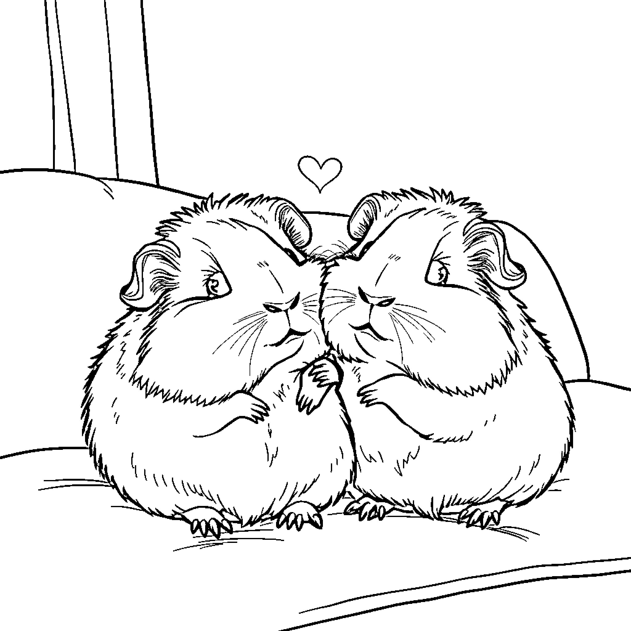 Guinea Pigs Showing Affection Coloring Page (free black-and-white line drawing printable PDF for all, from beginners to advanced learners, including children, teens, adults, and seniors)