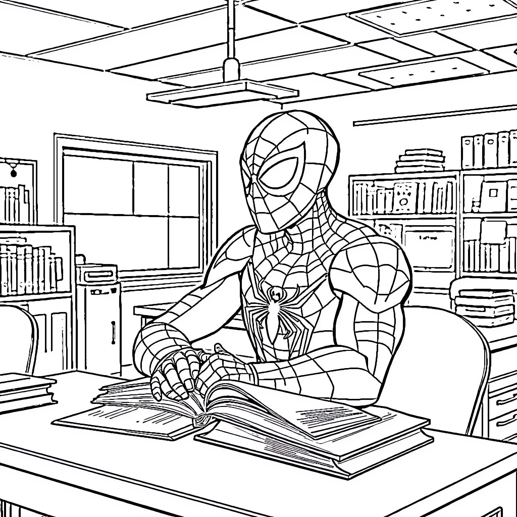 Spider-Man studying in the library Coloring Page (free black-and-white line drawing printable PDF for all, from beginners to advanced learners, including children, teens, adults, and seniors)