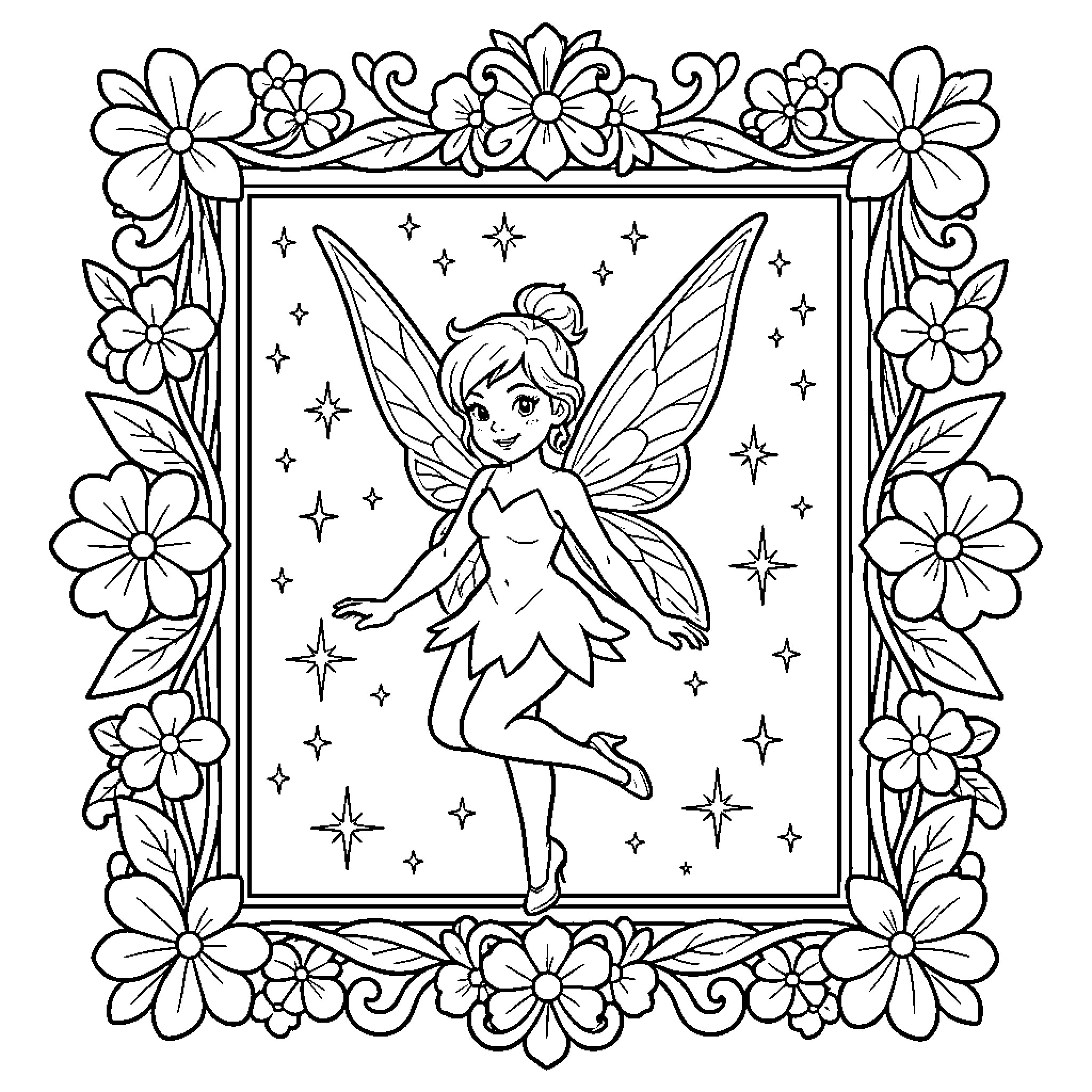 Tinkerbell in a whimsical floral frame Coloring Page (free black-and-white line drawing printable PDF for all, from beginners to advanced learners, including children, teens, adults, and seniors)