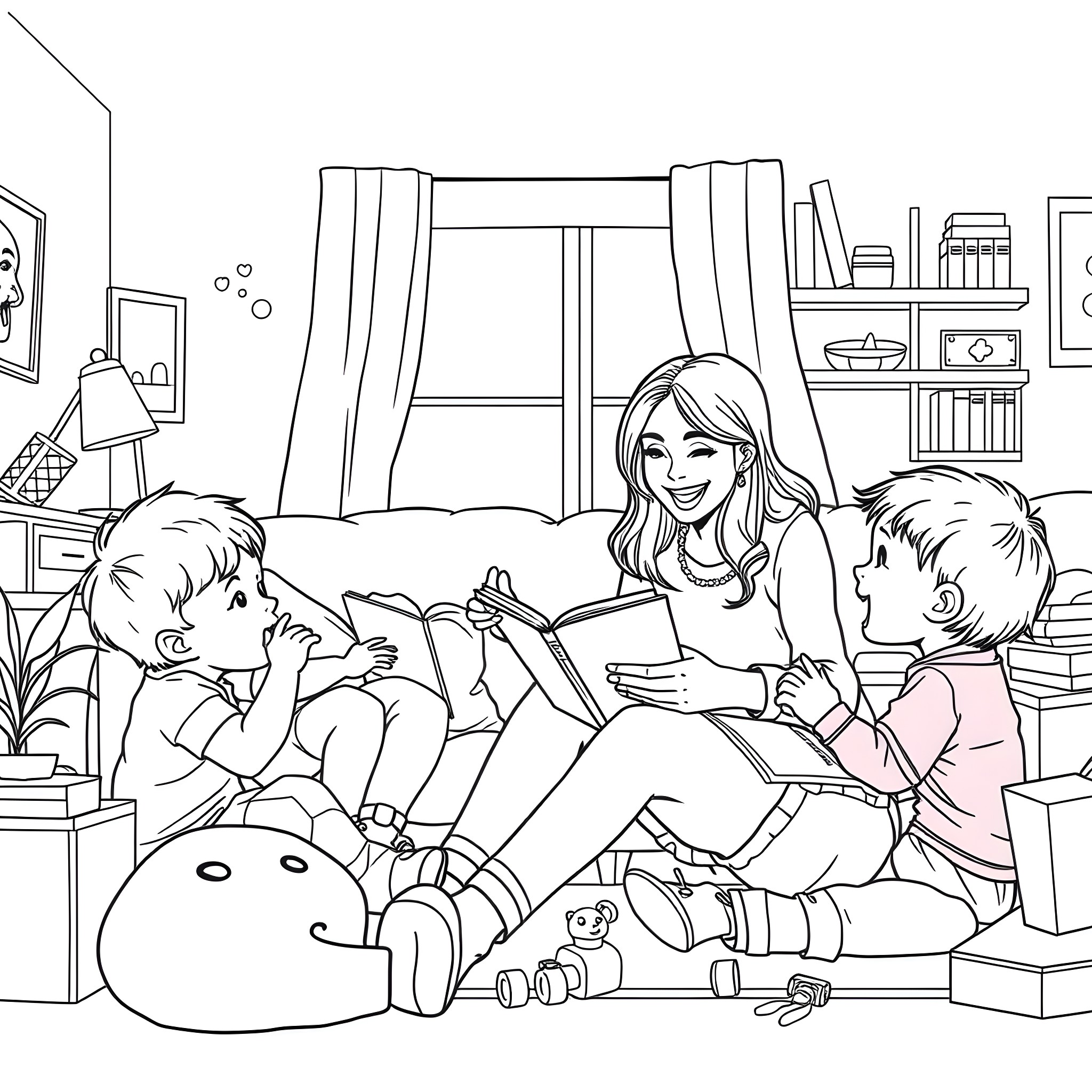 Babysitter reading books with children on the floor Coloring Page (free black-and-white line drawing printable PDF for all, from beginners to advanced learners, including children, teens, adults, and seniors)