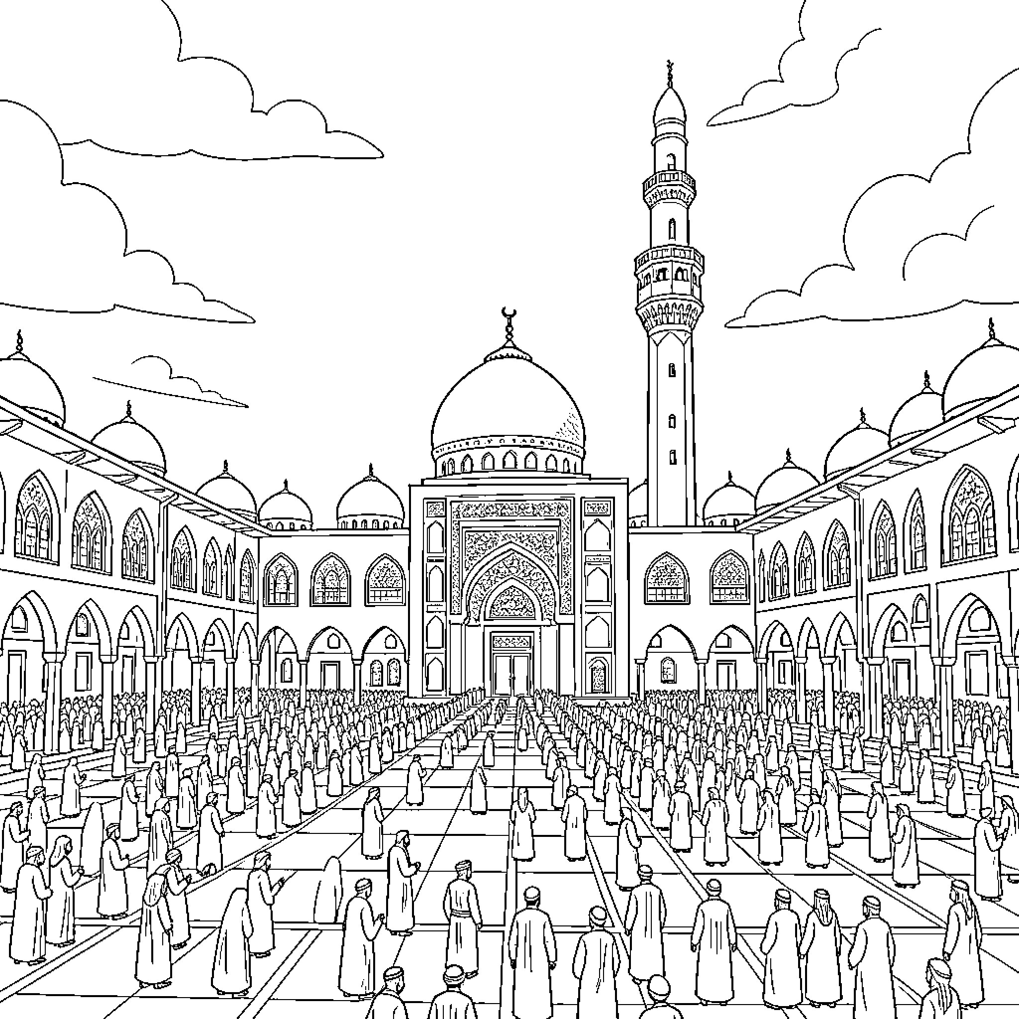 Mosque courtyard filled with people praying together Coloring Page (free black-and-white line drawing printable PDF for all, from beginners to advanced learners, including children, teens, adults, and seniors)