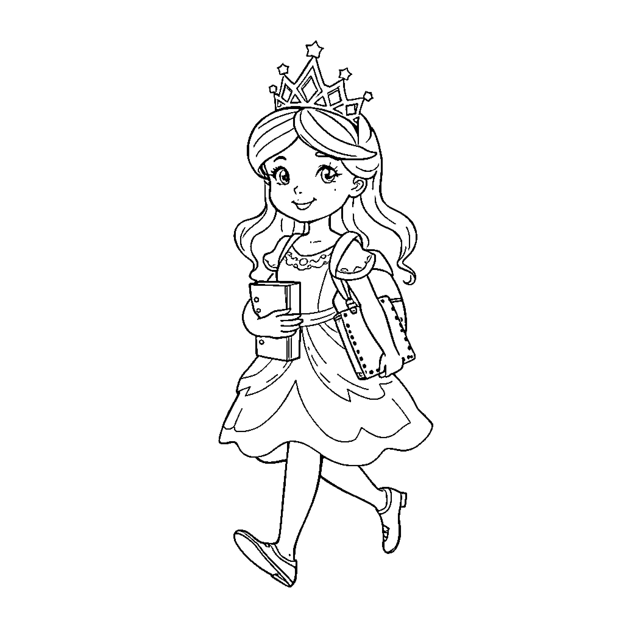 Princess reading a book with a crown Coloring Page (free black-and-white line drawing printable PDF for all, from beginners to advanced learners, including children, teens, adults, and seniors)