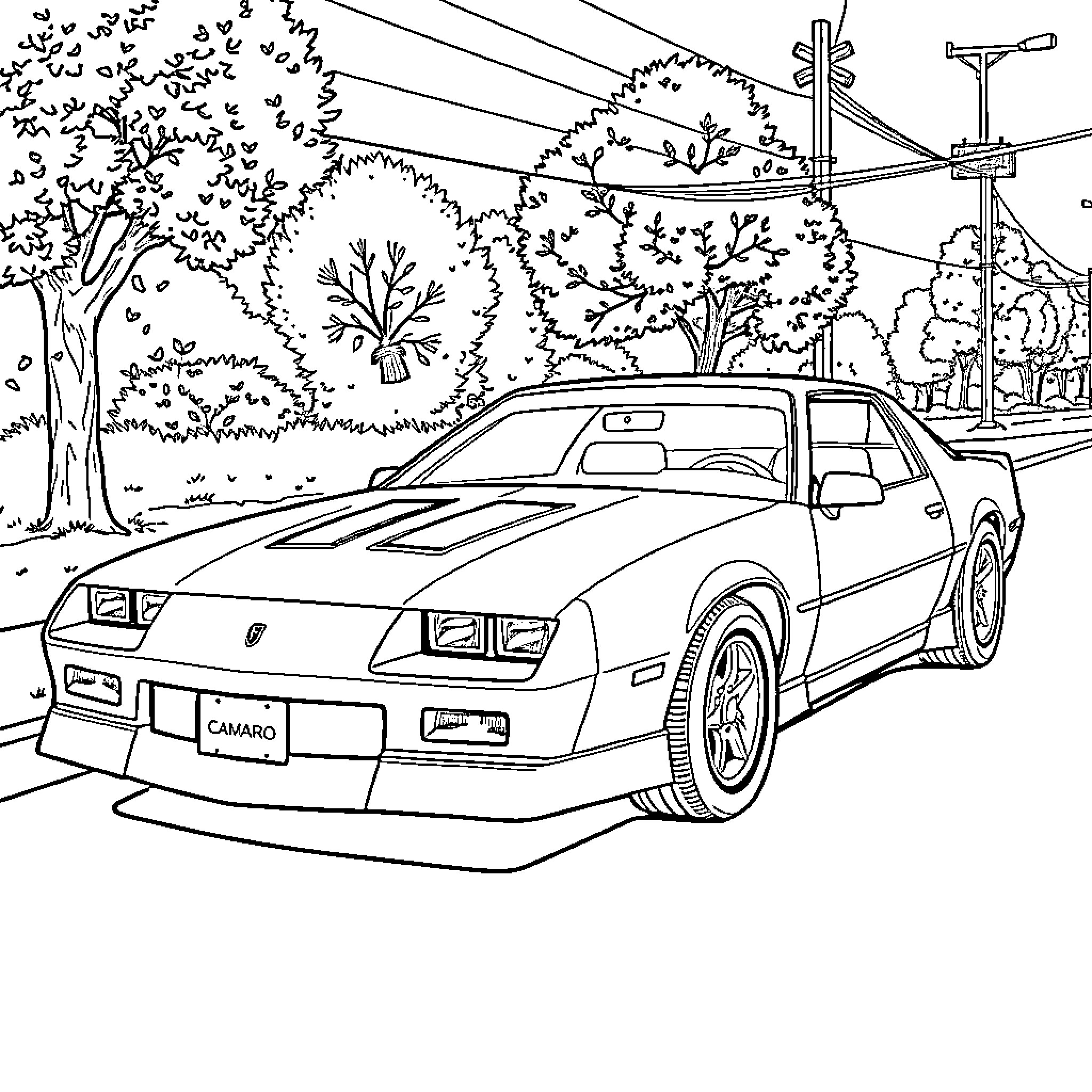 Camaro in a Lively Urban Setting Coloring Page (free black-and-white line drawing printable PDF for all, from beginners to advanced learners, including children, teens, adults, and seniors)