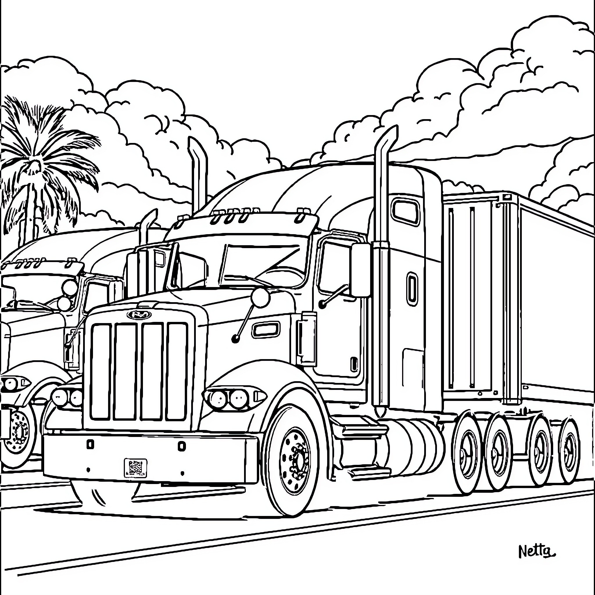 Camioneta trucking through the countryside Coloring Page (free black-and-white line drawing printable PDF for all, from beginners to advanced learners, including children, teens, adults, and seniors)