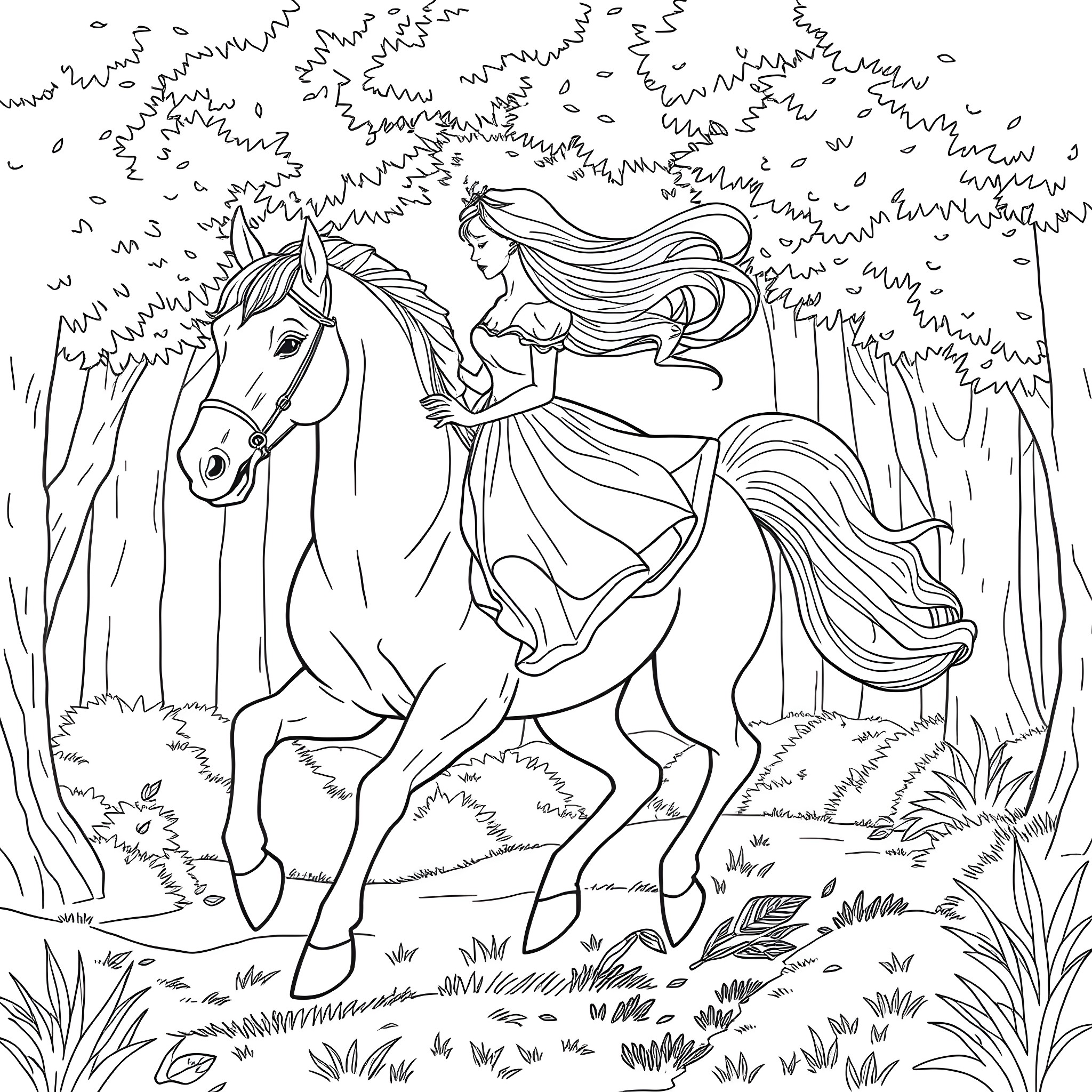 Princess Riding a Majestic Horse in the Forest Coloring Page (free black-and-white line drawing printable PDF for all, from beginners to advanced learners, including children, teens, adults, and seniors)