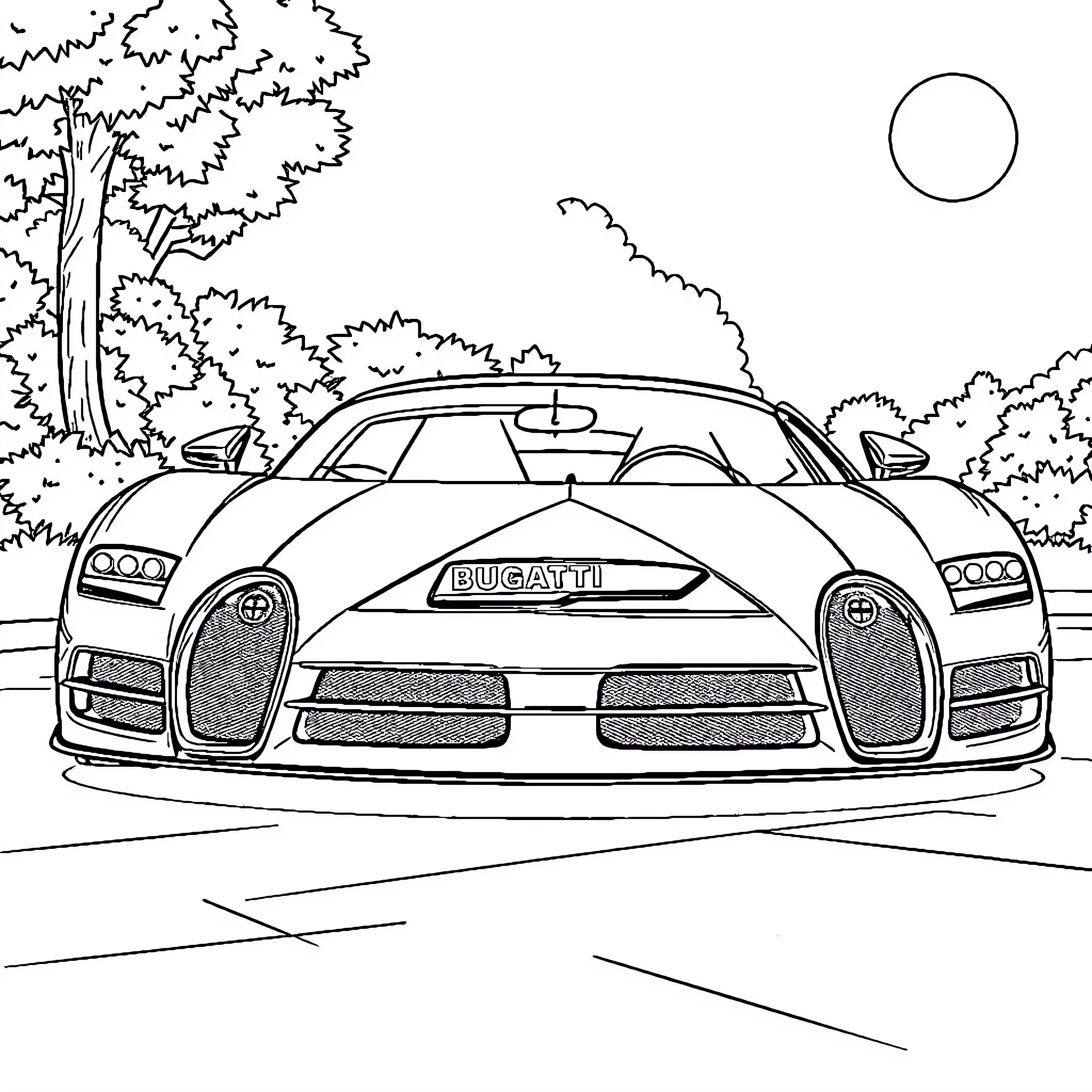 Bugatti supercar in a scenic outdoor setting Coloring Page (free black-and-white line drawing printable PDF for all, from beginners to advanced learners, including children, teens, adults, and seniors)