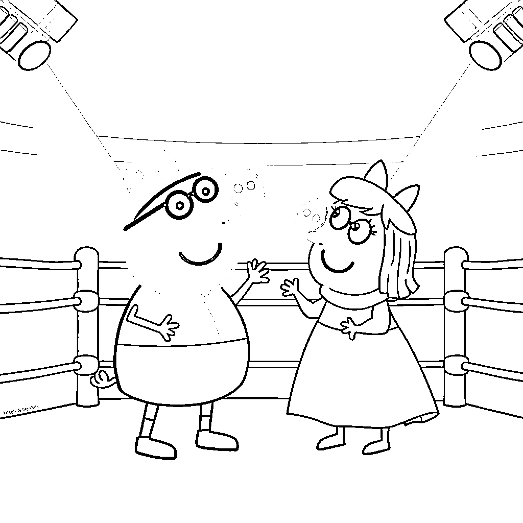 Peppa Pig and friend having a conversation Coloring Page (free black-and-white line drawing printable PDF for all, from beginners to advanced learners, including children, teens, adults, and seniors)