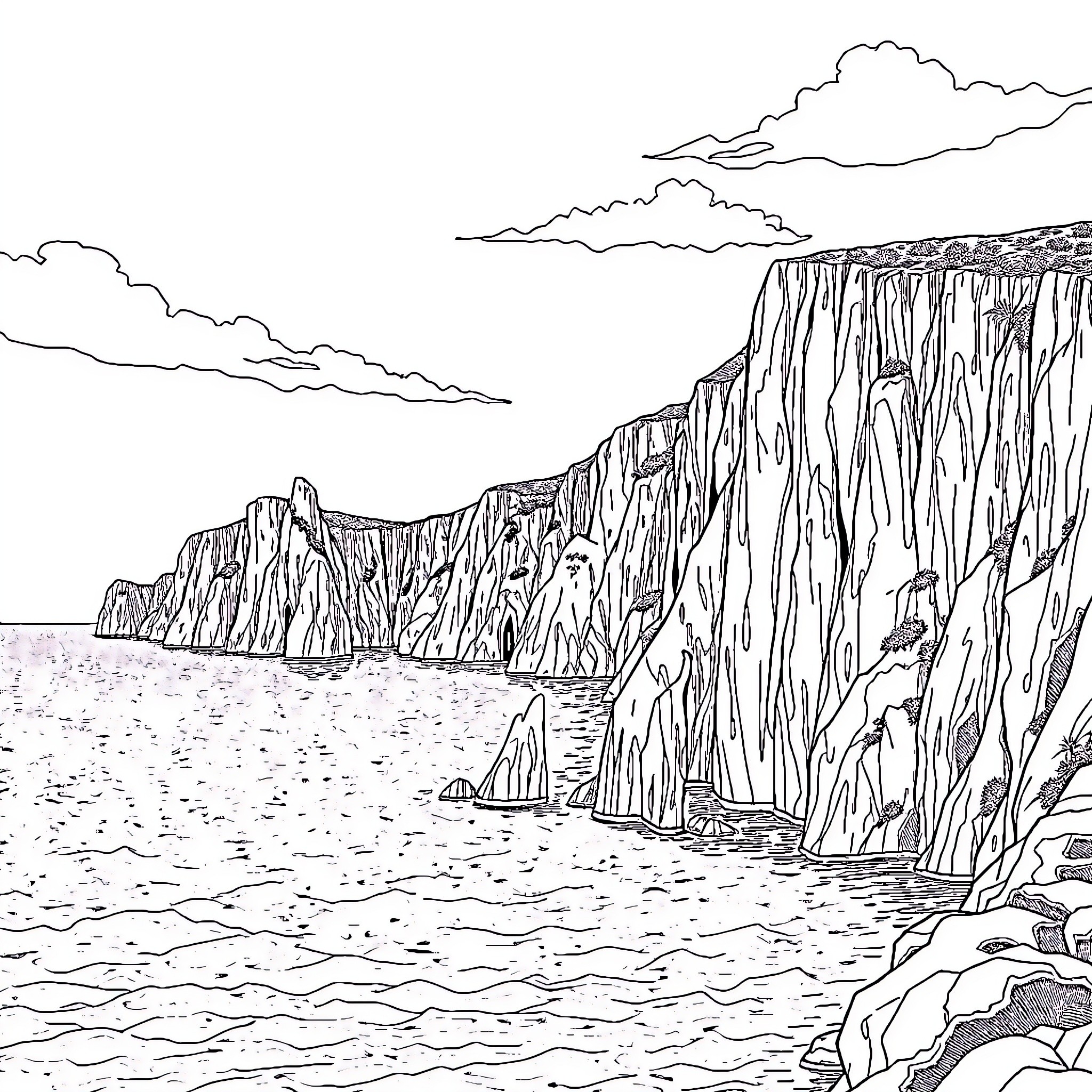 Cliffs along the serene coastline Coloring Page (free black-and-white line drawing printable PDF for all, from beginners to advanced learners, including children, teens, adults, and seniors)