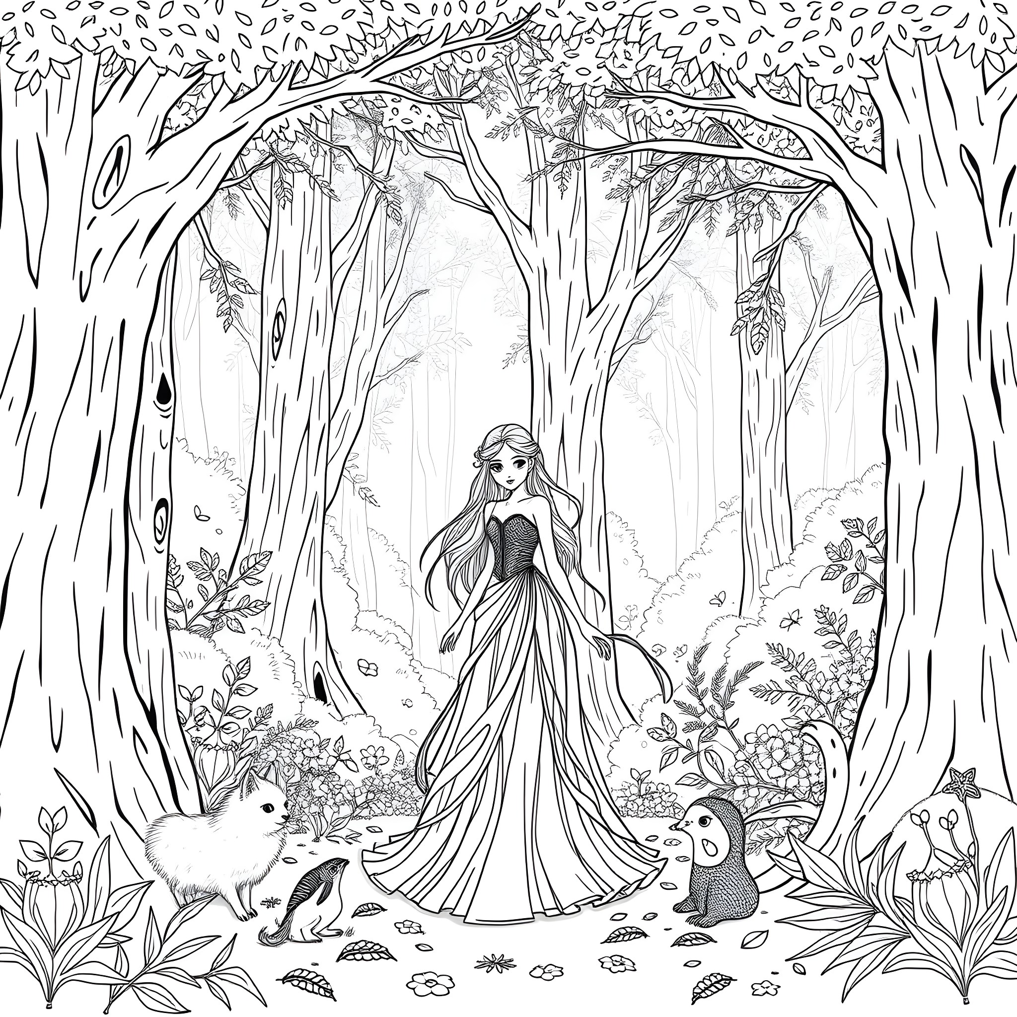 Maiden in the Enchanted Forest Coloring Page (free black-and-white line drawing printable PDF for all, from beginners to advanced learners, including children, teens, adults, and seniors)