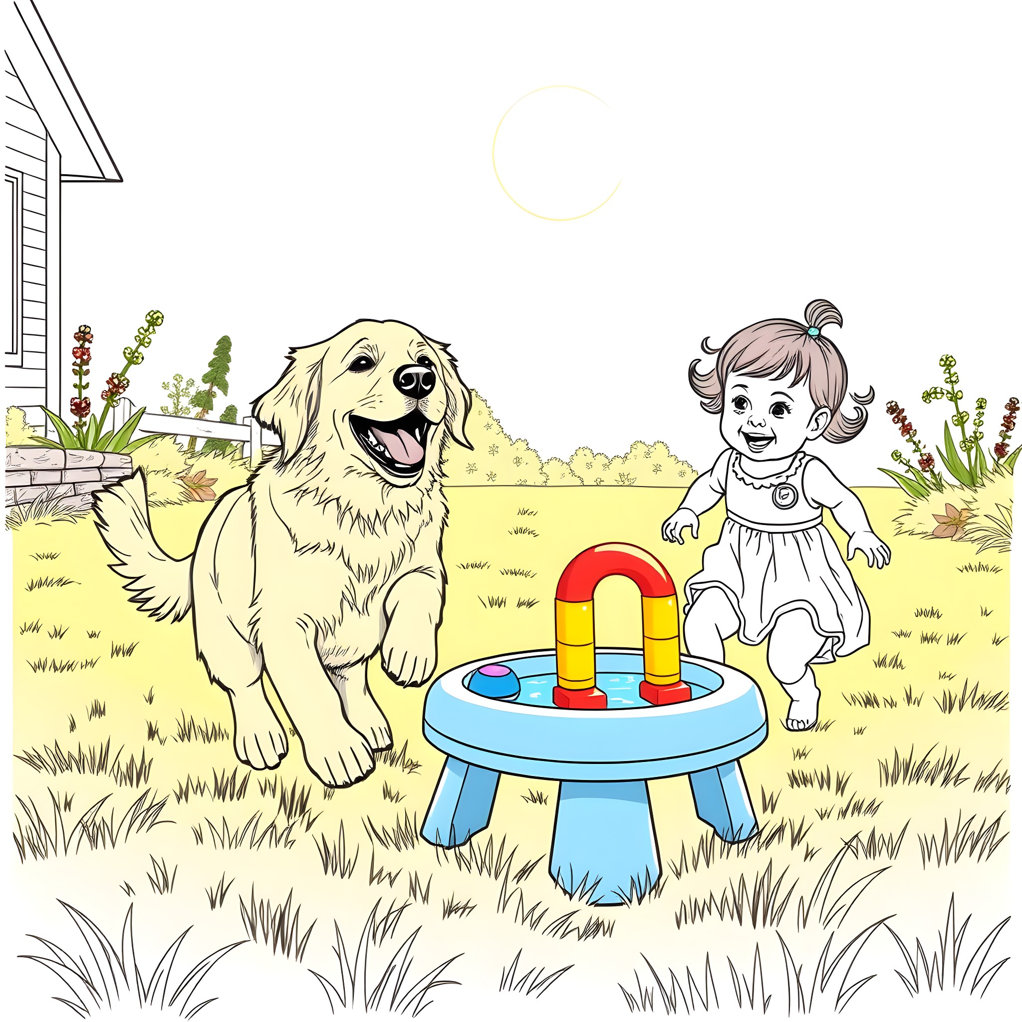 Golden Retriever playing with a child in the backyard Coloring Page (free black-and-white line drawing printable PDF for all, from beginners to advanced learners, including children, teens, adults, and seniors)