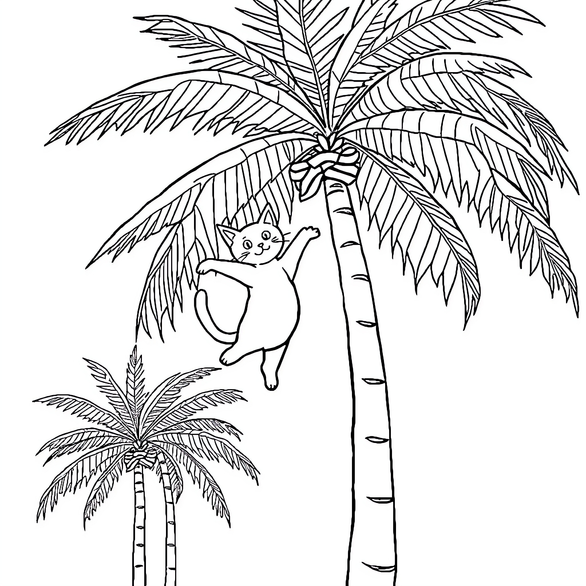 Cat climbing palm tree in tropical setting Coloring Page (free black-and-white line drawing printable PDF for all, from beginners to advanced learners, including children, teens, adults, and seniors)