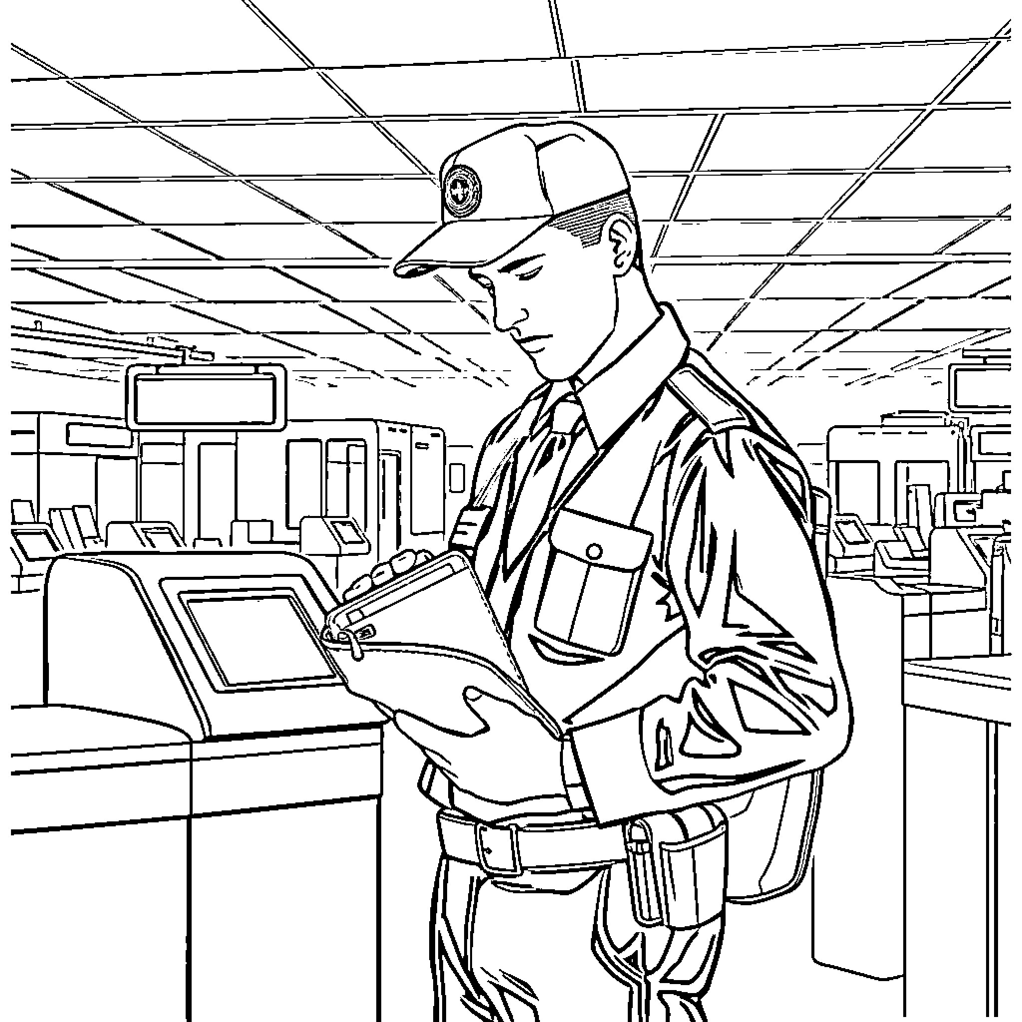 Officer Operating Computer Terminal in Airport Lounge Coloring Page (free black-and-white line drawing printable PDF for all, from beginners to advanced learners, including children, teens, adults, and seniors)