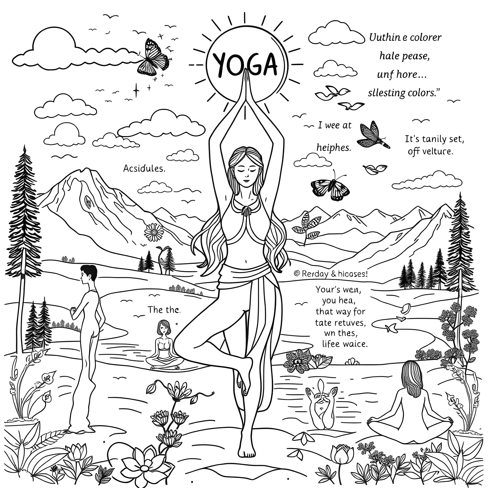 Woman practicing yoga in a peaceful nature setting Coloring Page (free black-and-white line drawing printable PDF for all, from beginners to advanced learners, including children, teens, adults, and seniors)