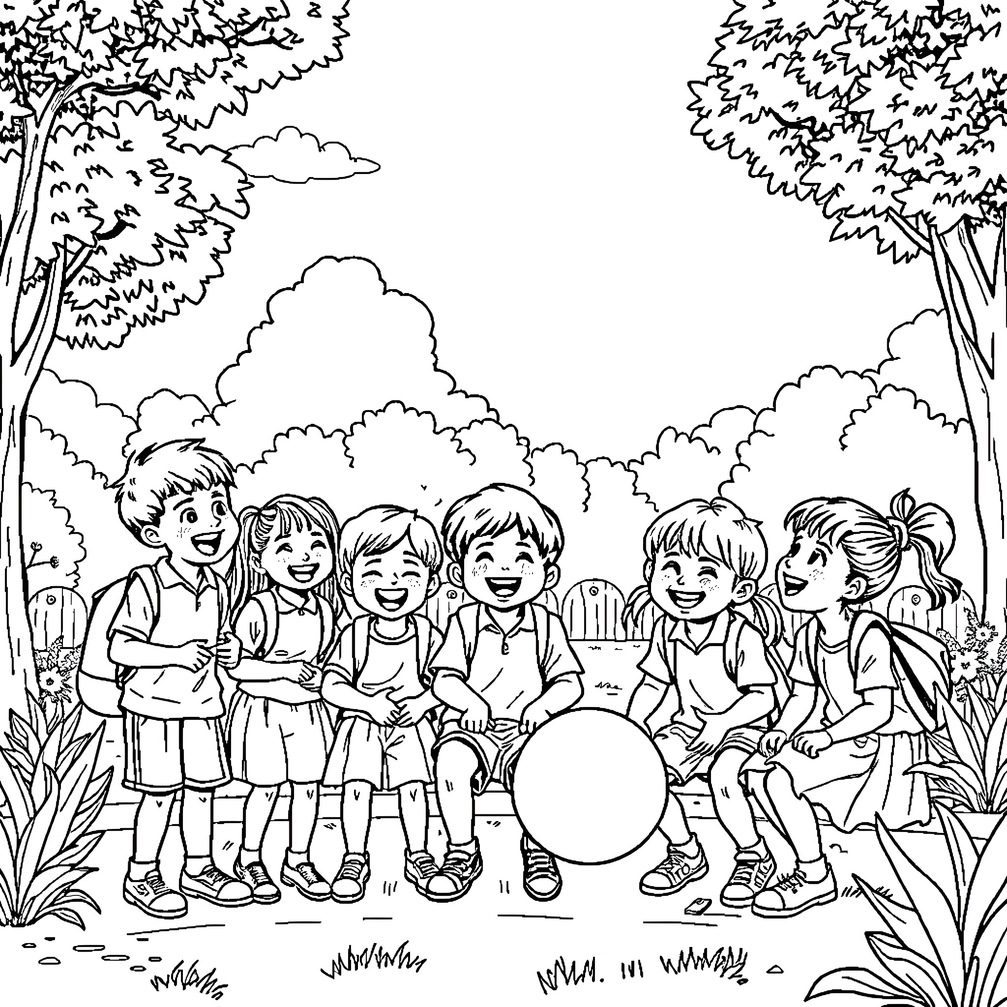 Children playing joyfully in the park Coloring Page (free black-and-white line drawing printable PDF for all, from beginners to advanced learners, including children, teens, adults, and seniors)
