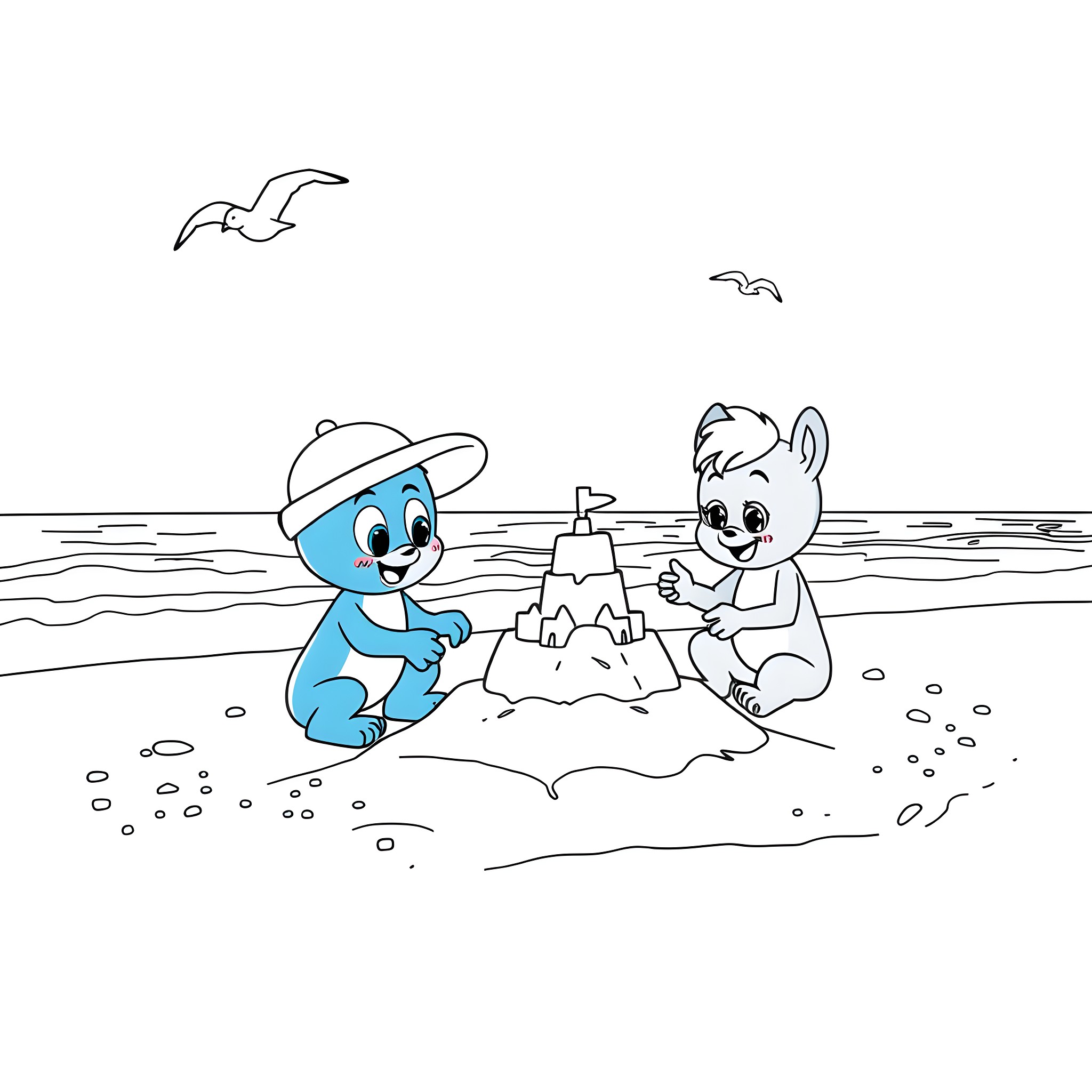 Bluey and friends building sandcastles on the beach Coloring Page (free black-and-white line drawing printable PDF for all, from beginners to advanced learners, including children, teens, adults, and seniors)