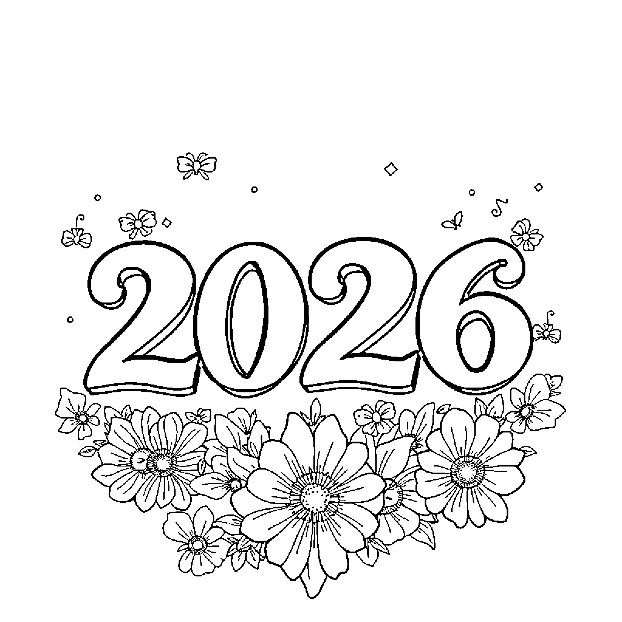 2026 Floral Design with Butterflies Coloring Page (free black-and-white line drawing printable PDF for all, from beginners to advanced learners, including children, teens, adults, and seniors)