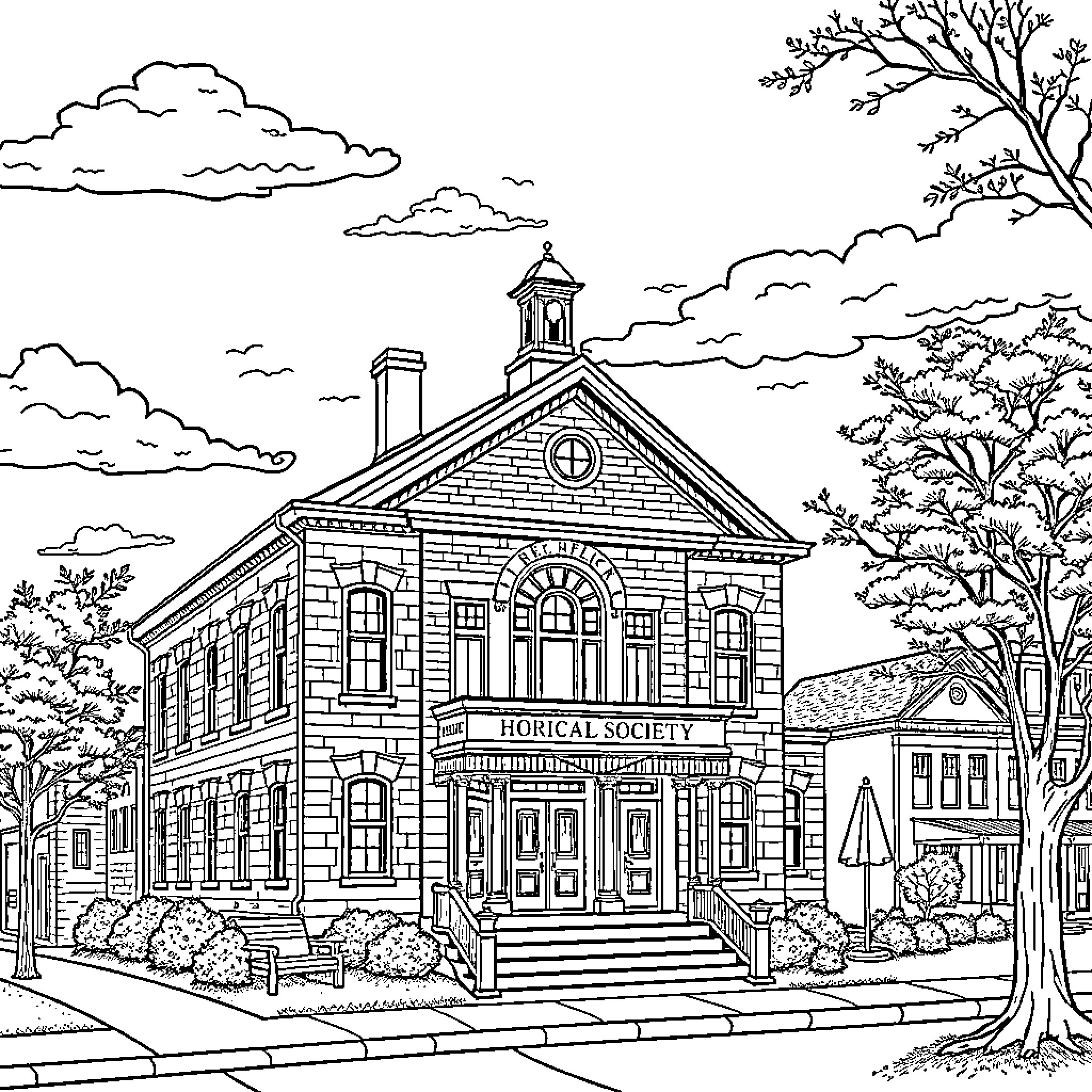 Berea's Historic Horticultural Society Building Coloring Page (free black-and-white line drawing printable PDF for all, from beginners to advanced learners, including children, teens, adults, and seniors)