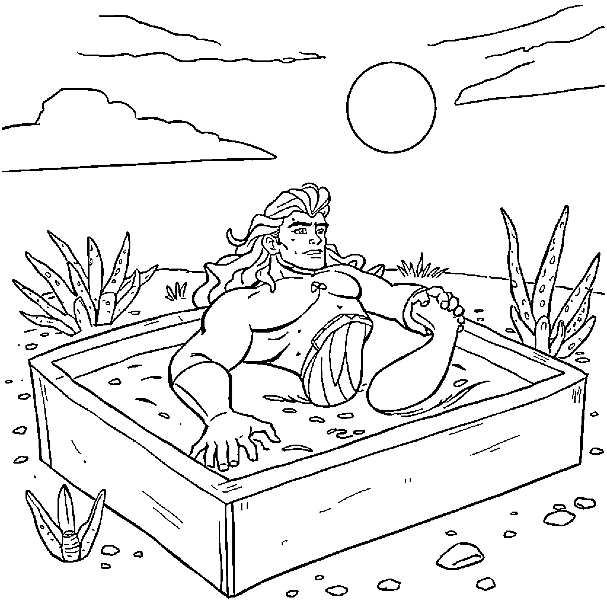 Aquaman relaxing in underwater habitat Coloring Page (free black-and-white line drawing printable PDF for all, from beginners to advanced learners, including children, teens, adults, and seniors)