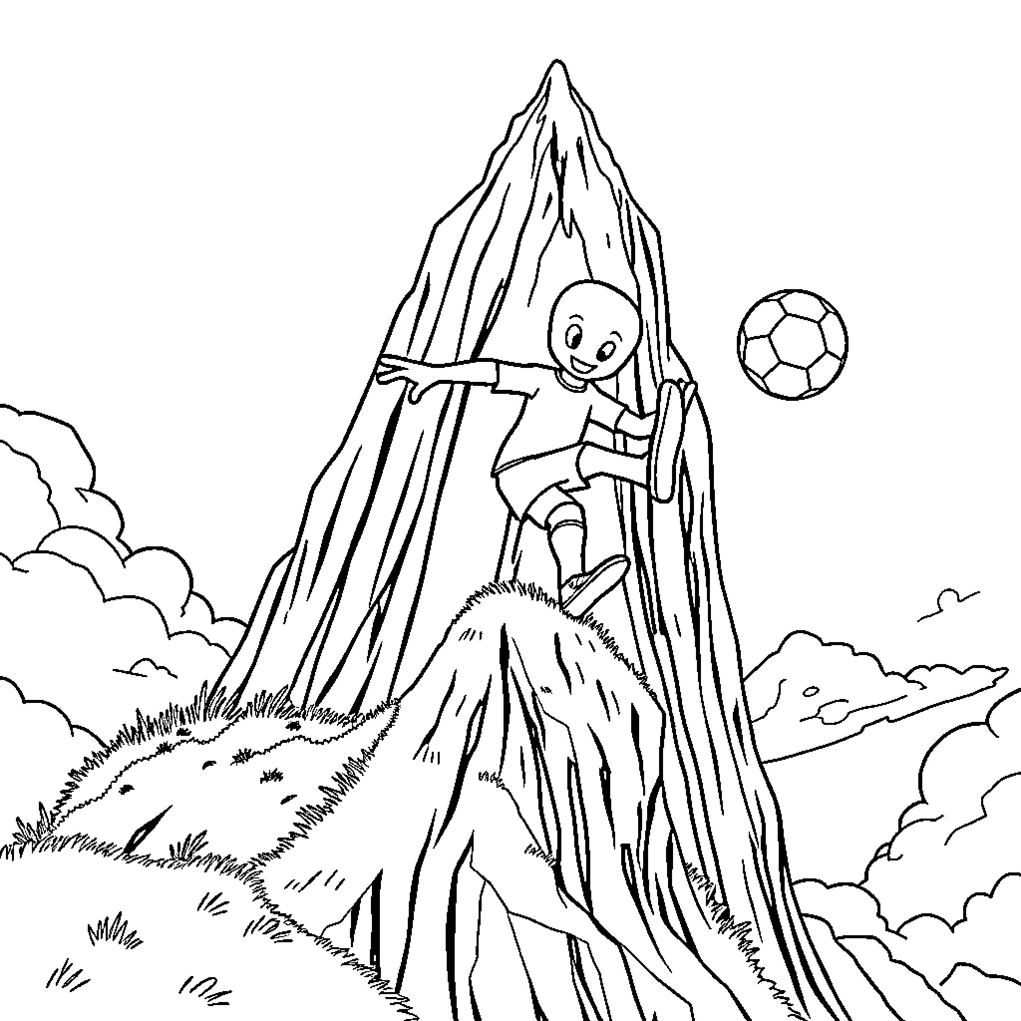Peely character playing with soccer ball on rocky mountain Coloring Page (free black-and-white line drawing printable PDF for all, from beginners to advanced learners, including children, teens, adults, and seniors)