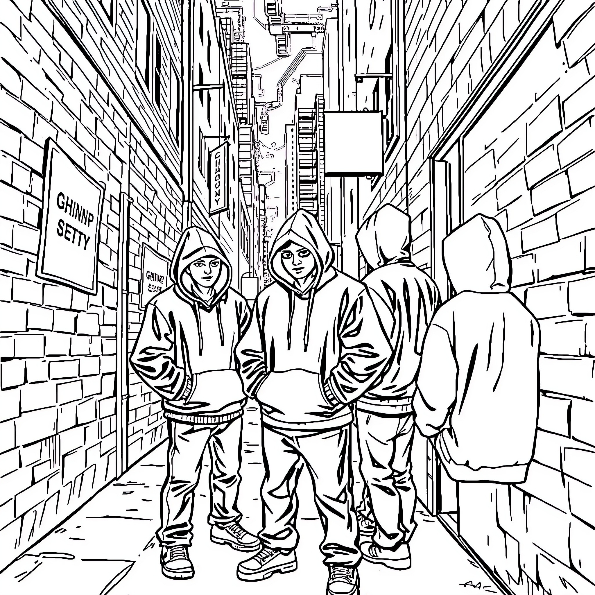 Gang members walking through urban alley Coloring Page (free black-and-white line drawing printable PDF for all, from beginners to advanced learners, including children, teens, adults, and seniors)