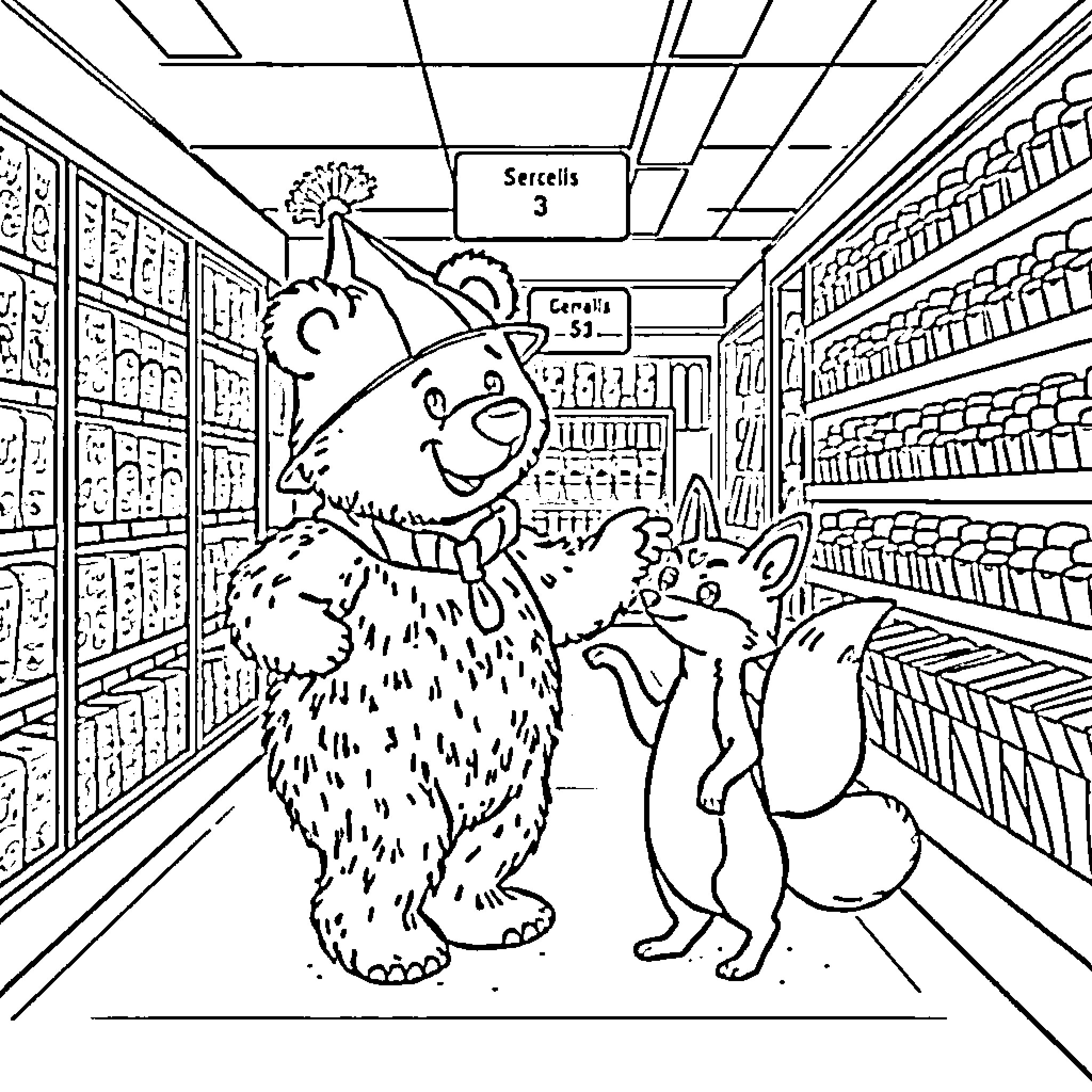 Bear shopping with pet in grocery store aisle Coloring Page (free black-and-white line drawing printable PDF for all, from beginners to advanced learners, including children, teens, adults, and seniors)