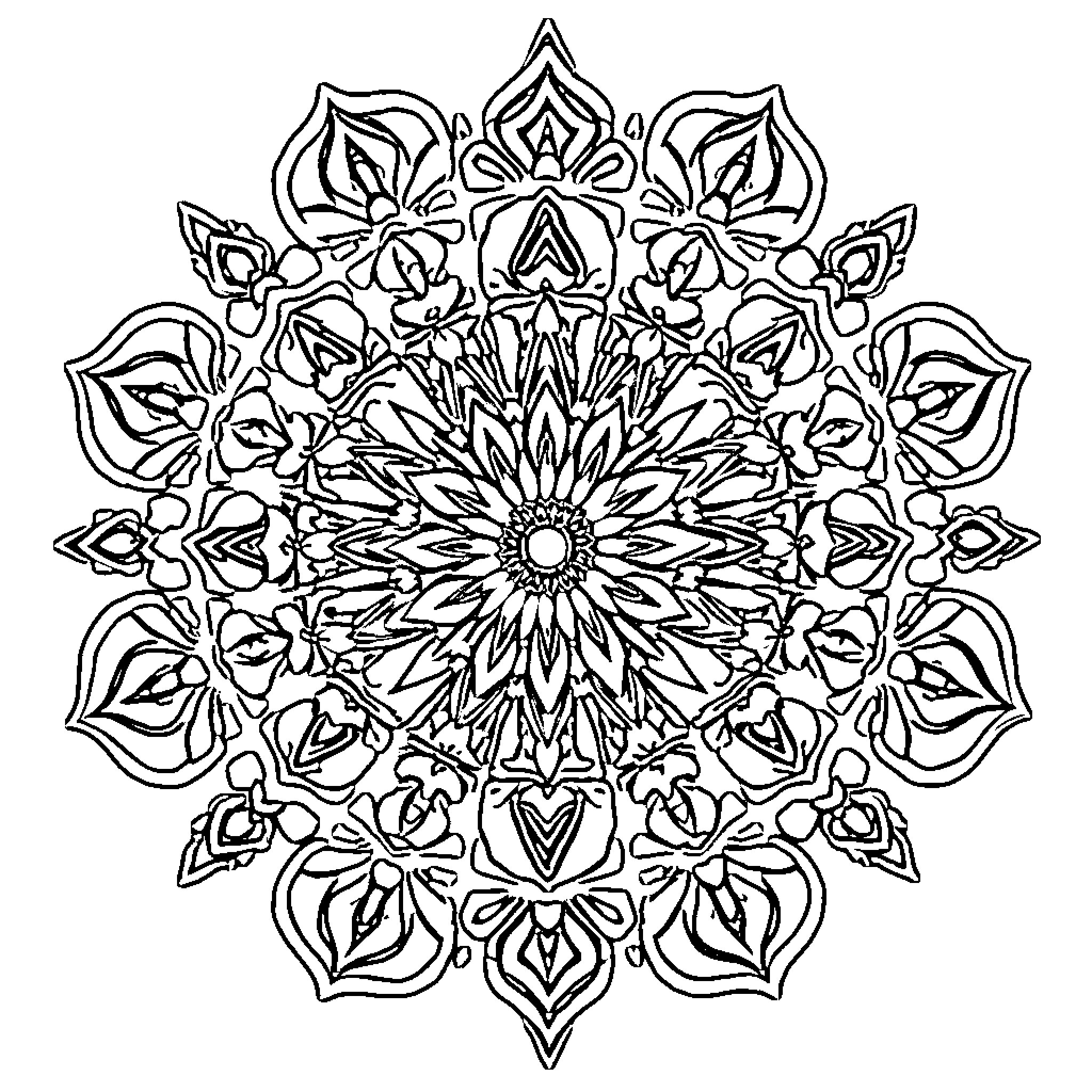 Mandala with intricate floral pattern Coloring Page (free black-and-white line drawing printable PDF for all, from beginners to advanced learners, including children, teens, adults, and seniors)