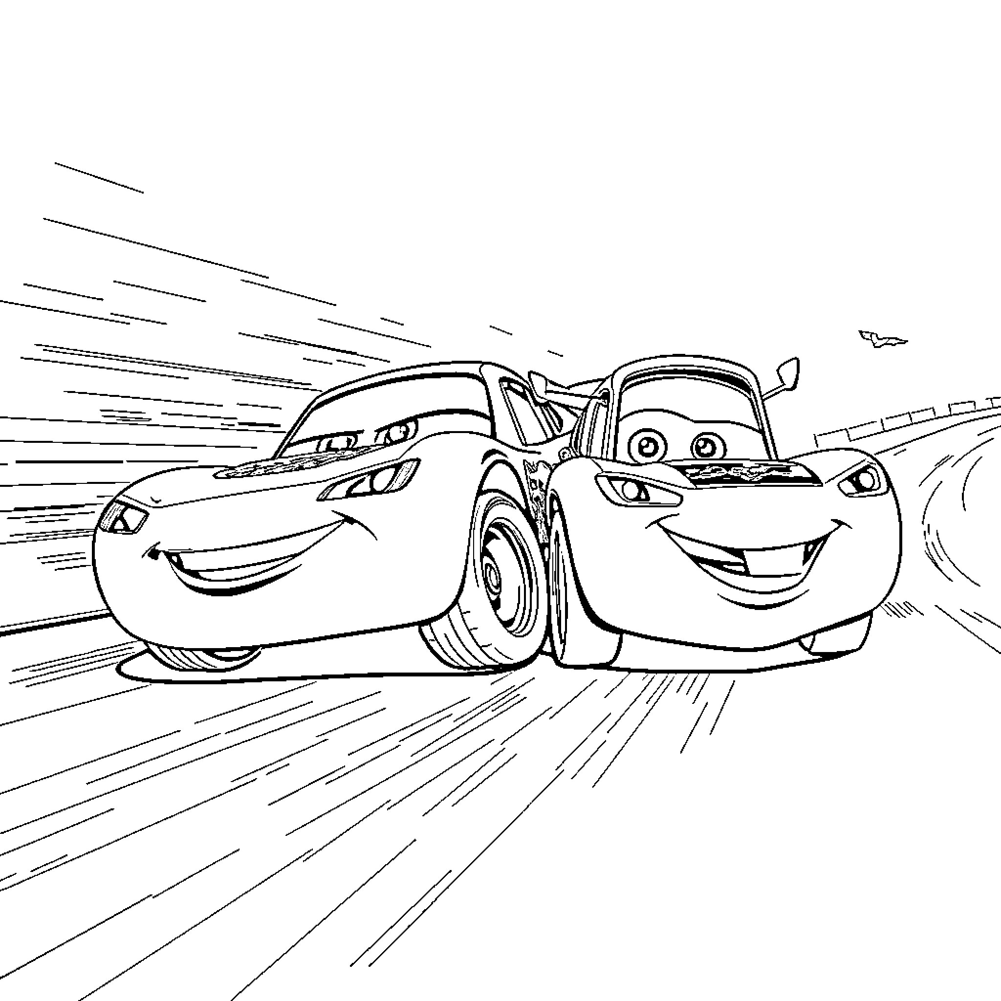 Lightning McQueen and Mater racing on the track Coloring Page (free black-and-white line drawing printable PDF for all, from beginners to advanced learners, including children, teens, adults, and seniors)
