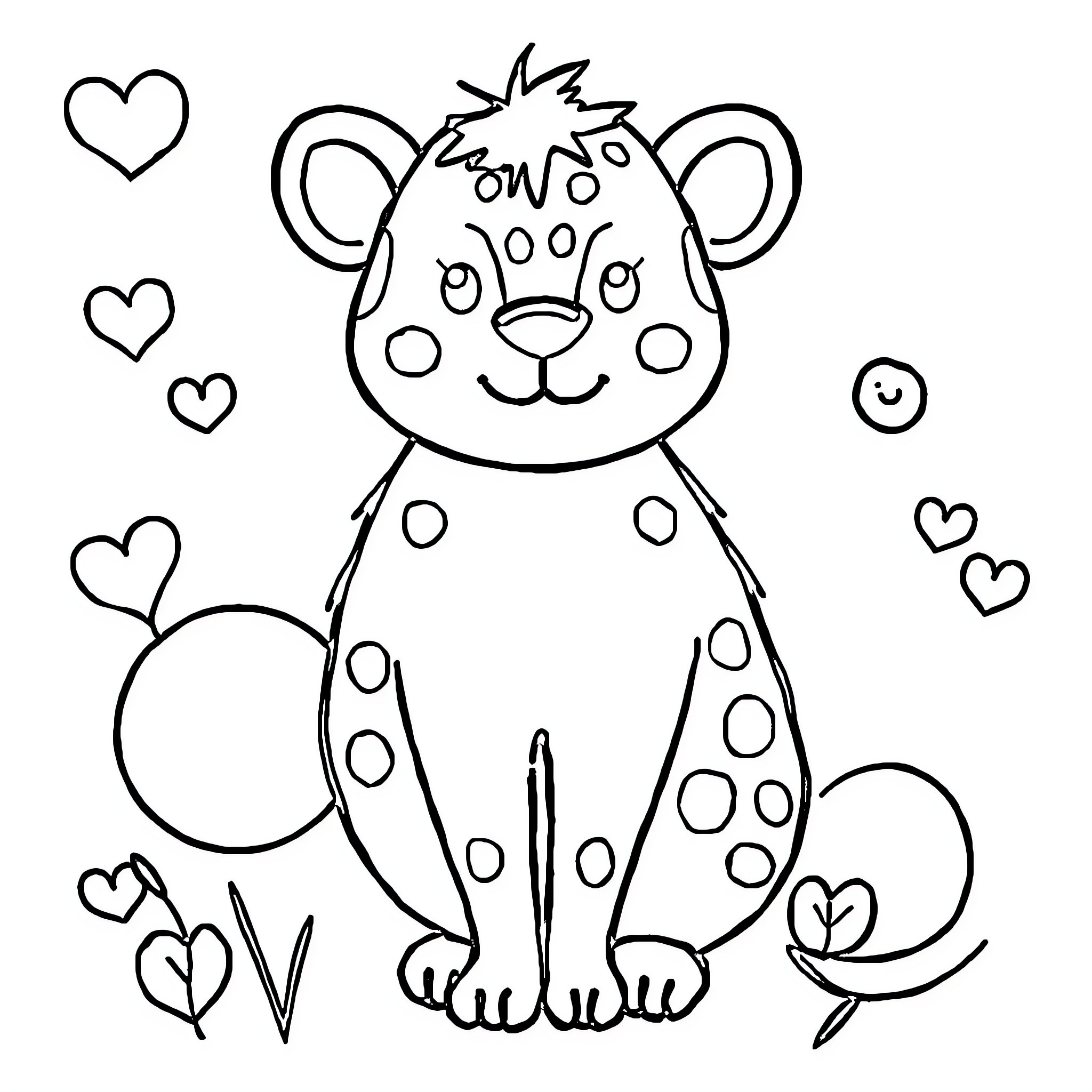 Animal with spots and hearts in nature Coloring Page (free black-and-white line drawing printable PDF for all, from beginners to advanced learners, including children, teens, adults, and seniors)