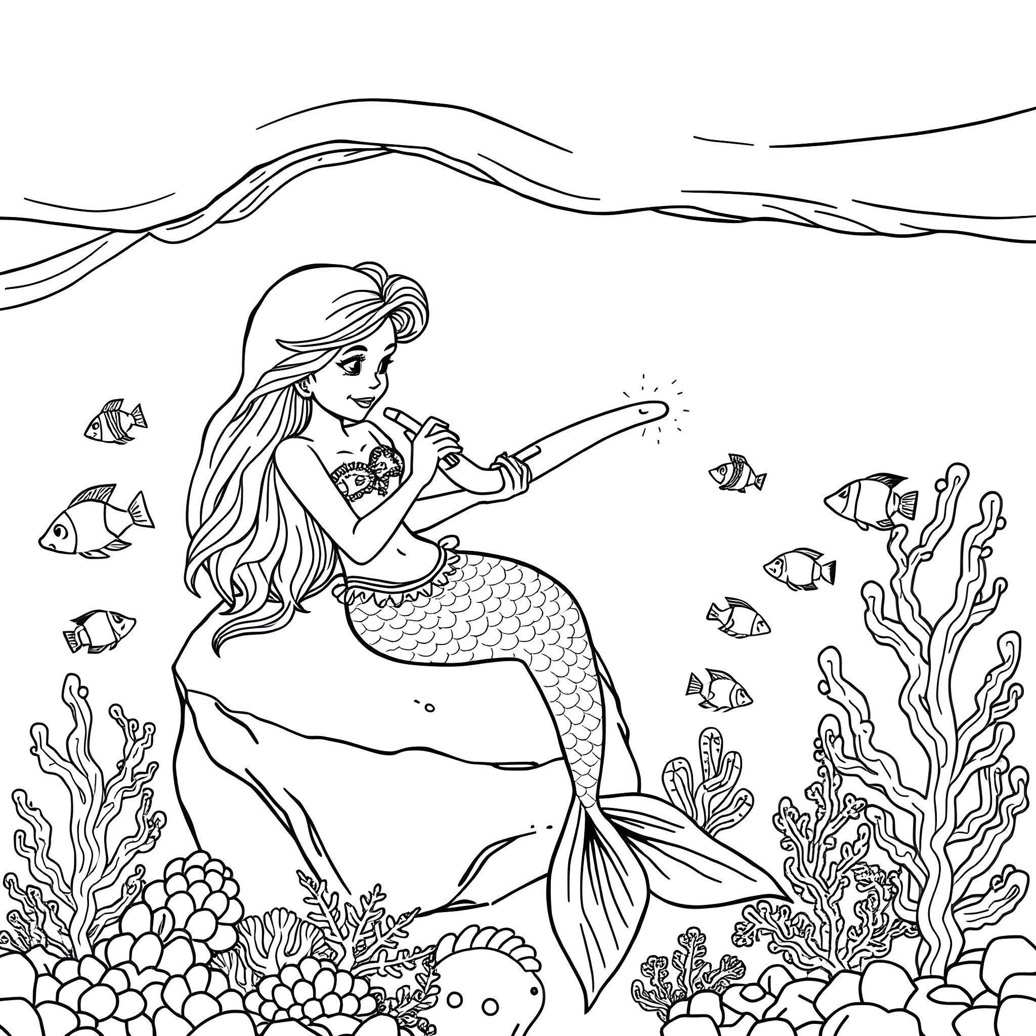 Mermaid exploring the underwater world Coloring Page (free black-and-white line drawing printable PDF for all, from beginners to advanced learners, including children, teens, adults, and seniors)