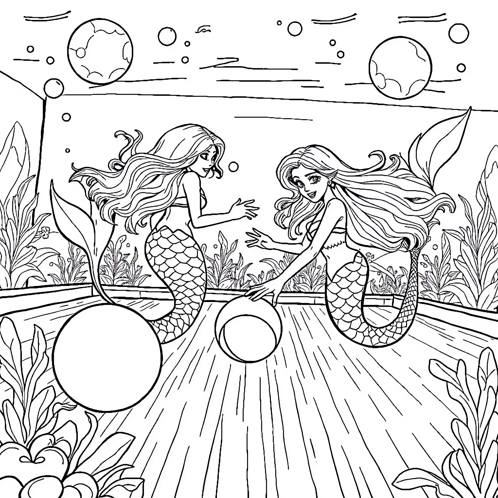 Mermaid sisters swimming in the enchanted ocean Coloring Page (free black-and-white line drawing printable PDF for all, from beginners to advanced learners, including children, teens, adults, and seniors)