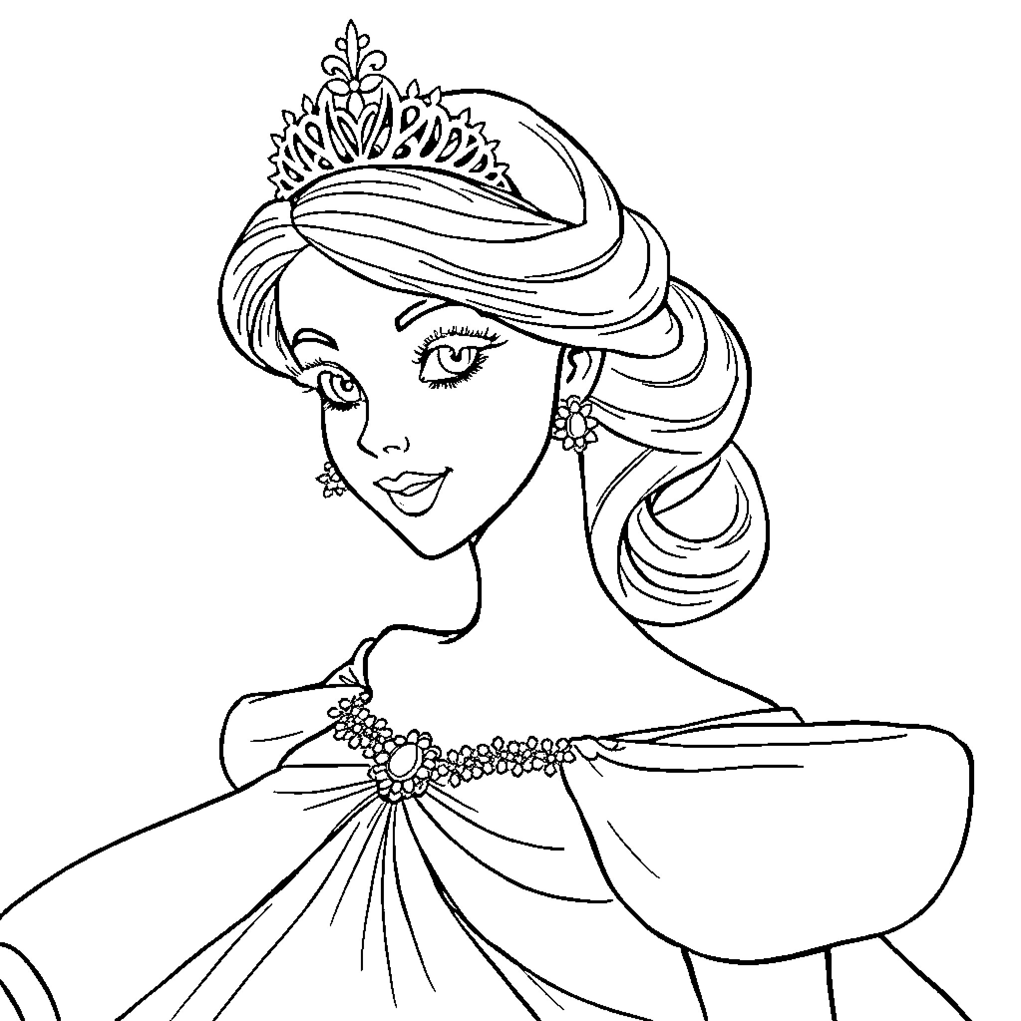Princess in a Regal Dress Coloring Page (free black-and-white line drawing printable PDF for all, from beginners to advanced learners, including children, teens, adults, and seniors)