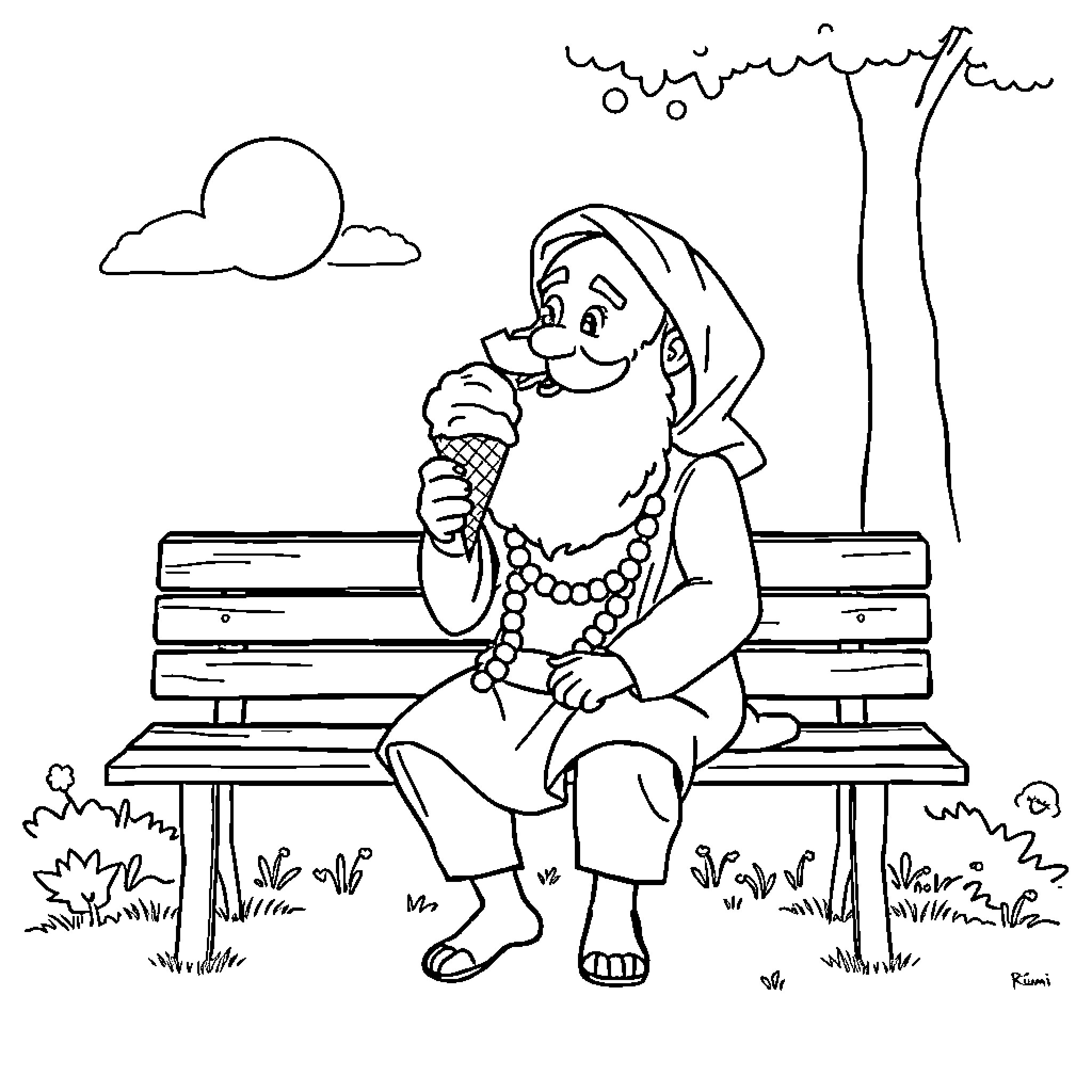 Rumi enjoying an ice cream on a park bench Coloring Page (free black-and-white line drawing printable PDF for all, from beginners to advanced learners, including children, teens, adults, and seniors)