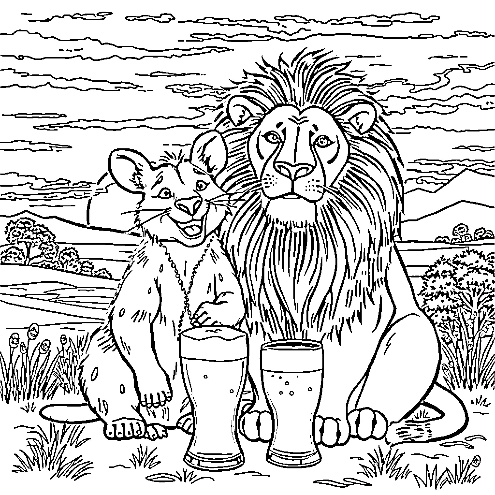 Quokka and lion enjoying drinks in the wild Coloring Page (free black-and-white line drawing printable PDF for all, from beginners to advanced learners, including children, teens, adults, and seniors)