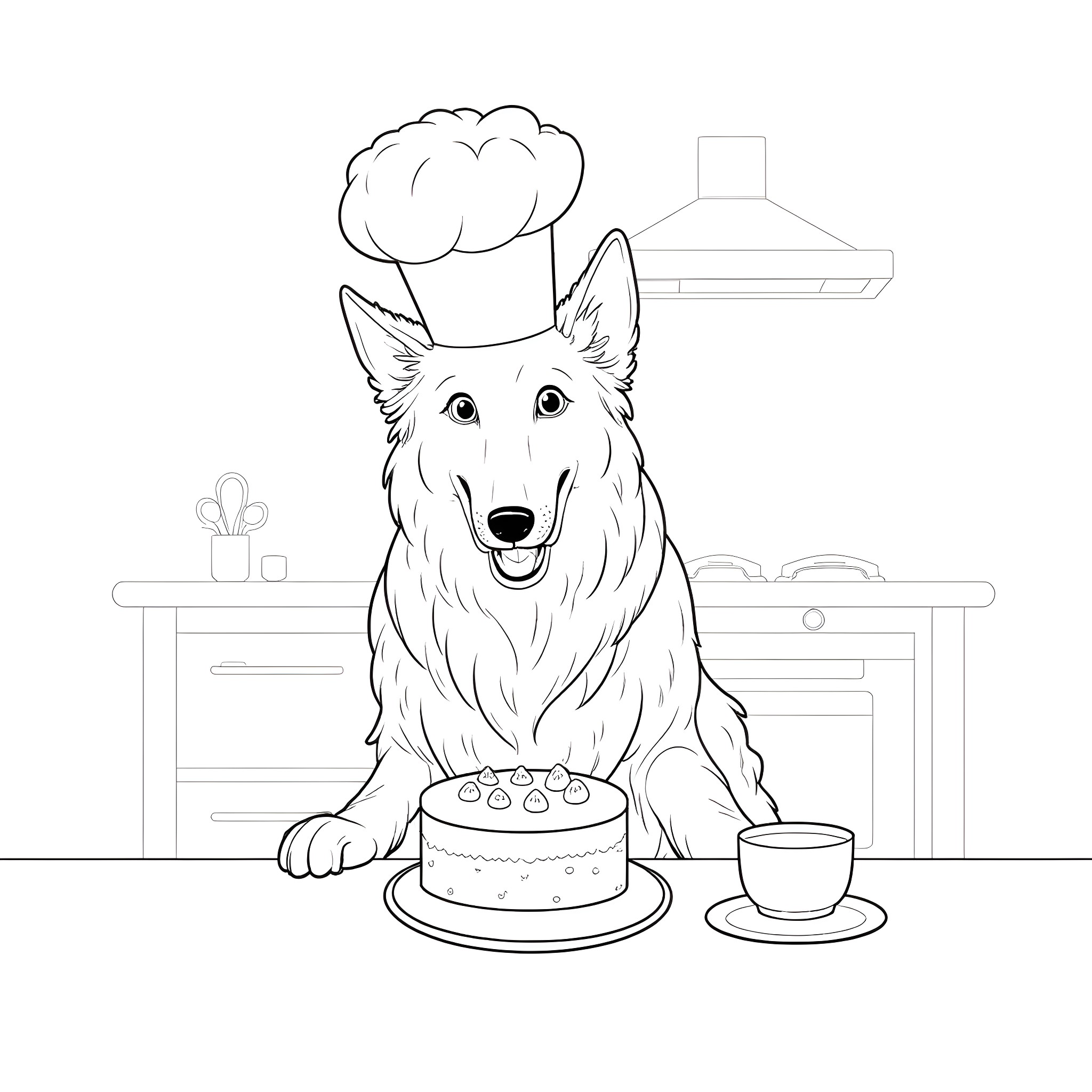 Border Collie Chef Baking a Cake in the Kitchen Coloring Page (free black-and-white line drawing printable PDF for all, from beginners to advanced learners, including children, teens, adults, and seniors)