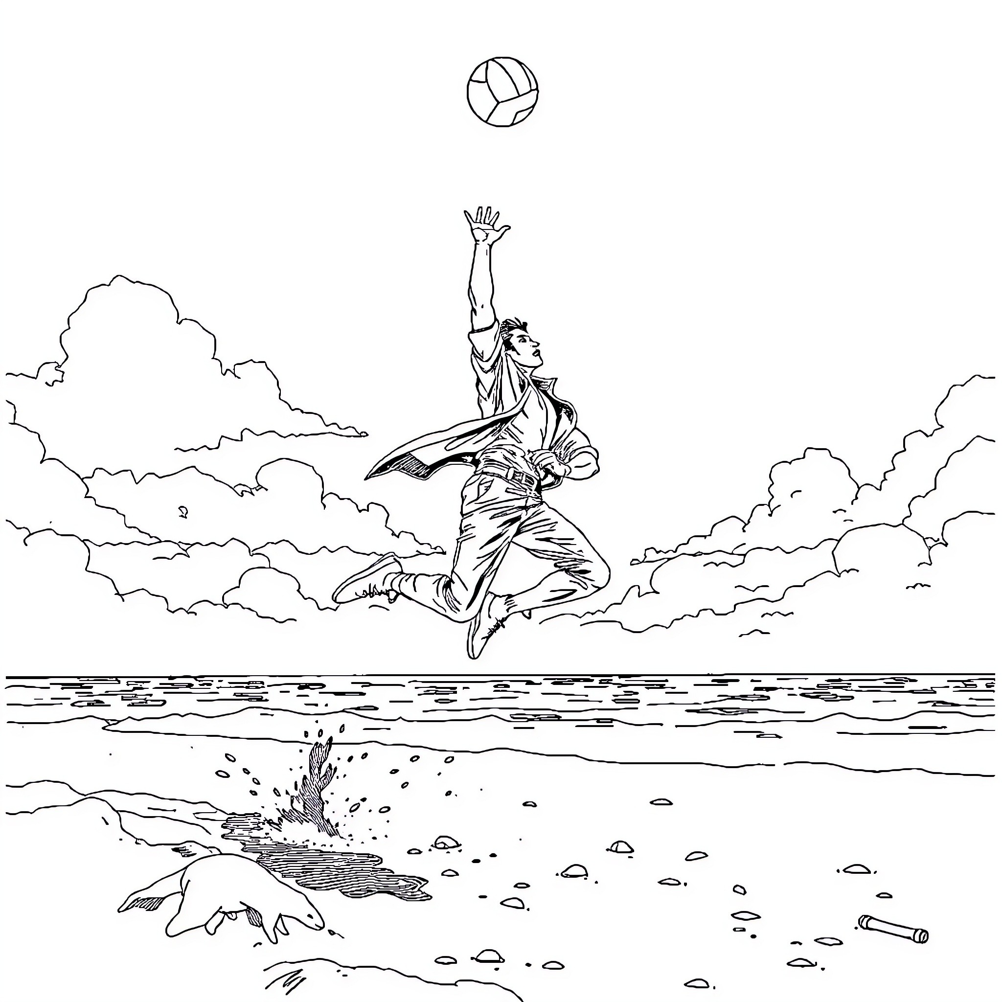 Neo playing volleyball in a surreal landscape Coloring Page (free black-and-white line drawing printable PDF for all, from beginners to advanced learners, including children, teens, adults, and seniors)