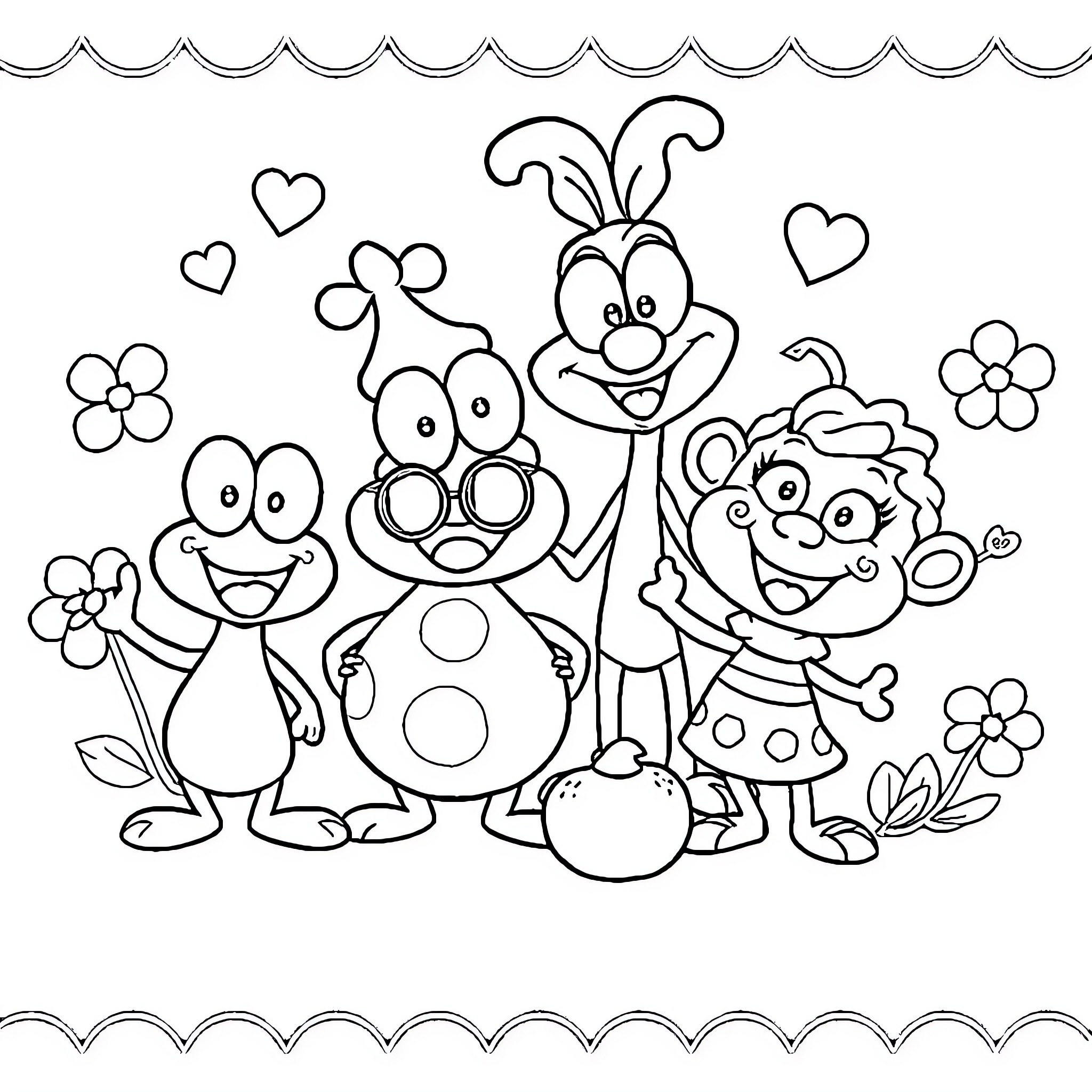 Plop Cartoon Characters in Friendly Gathering Coloring Page (free black-and-white line drawing printable PDF for all, from beginners to advanced learners, including children, teens, adults, and seniors)
