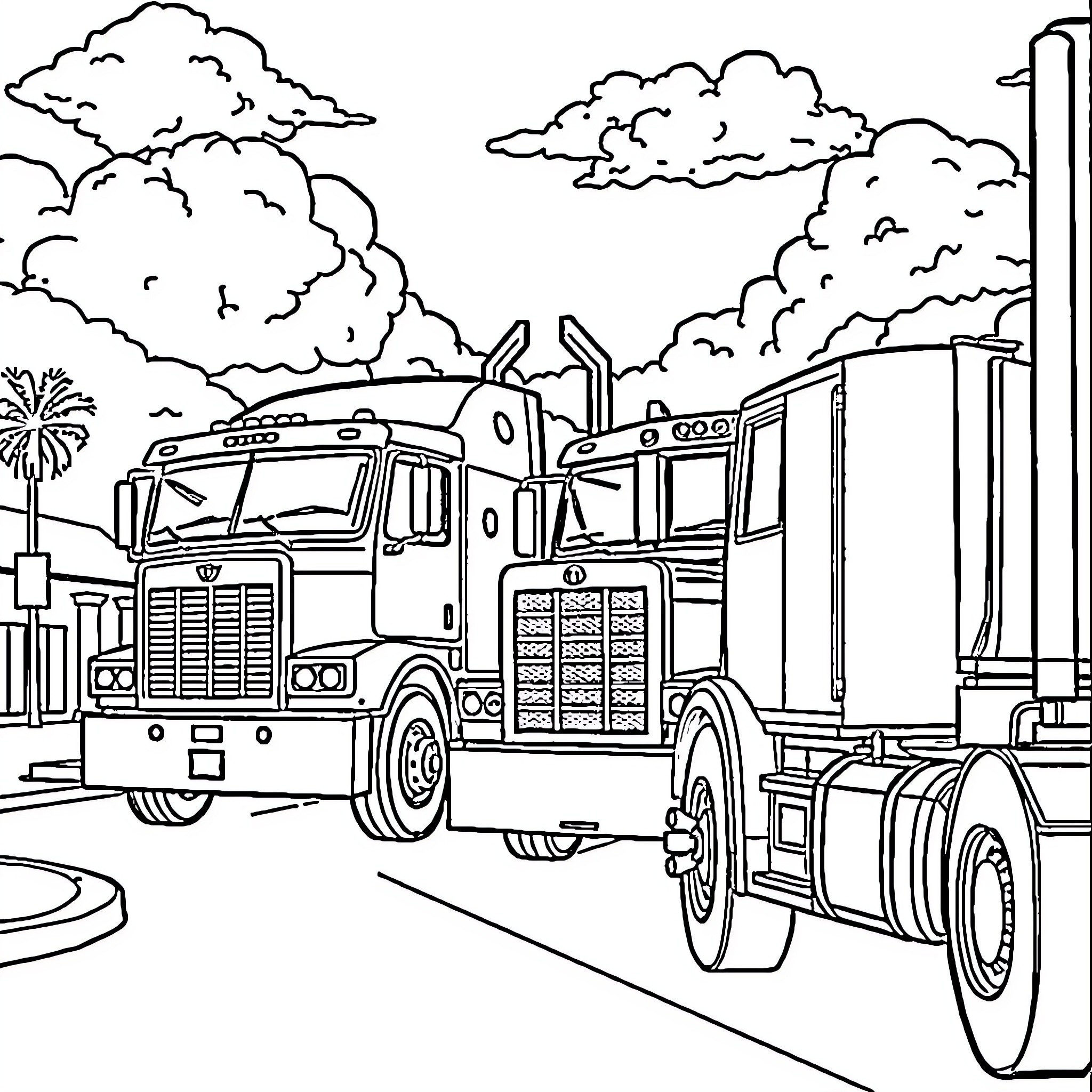 Truck hauling heavy equipment on city street Coloring Page (free black-and-white line drawing printable PDF for all, from beginners to advanced learners, including children, teens, adults, and seniors)