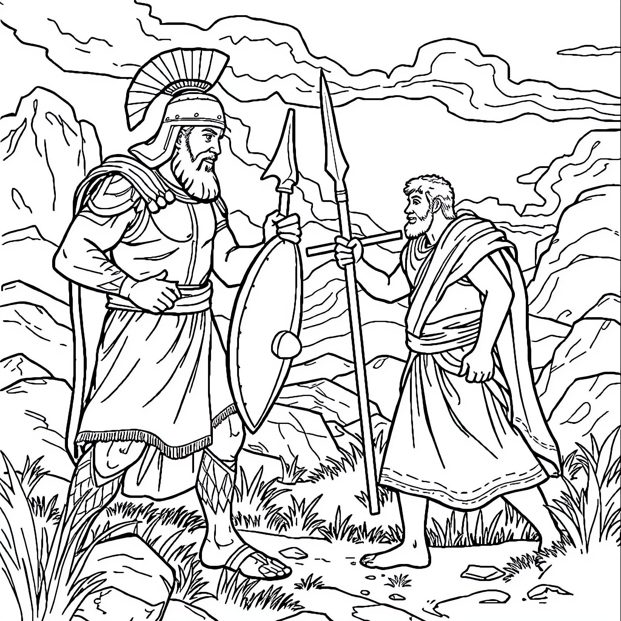David's Encounter with a Soldier in the Wilderness Coloring Page (free black-and-white line drawing printable PDF for all, from beginners to advanced learners, including children, teens, adults, and seniors)