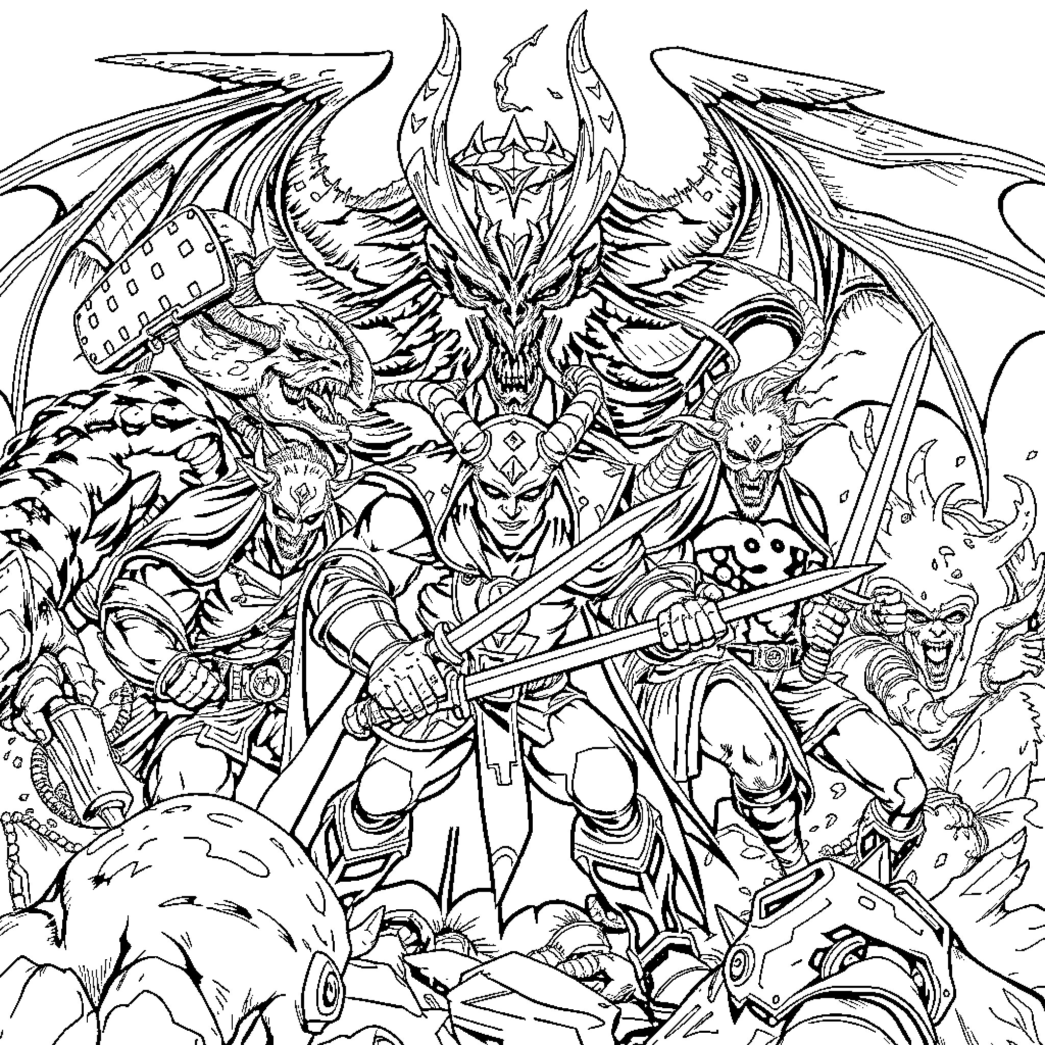 Demon Hunter battles a horde of monstrous foes Coloring Page (free black-and-white line drawing printable PDF for all, from beginners to advanced learners, including children, teens, adults, and seniors)