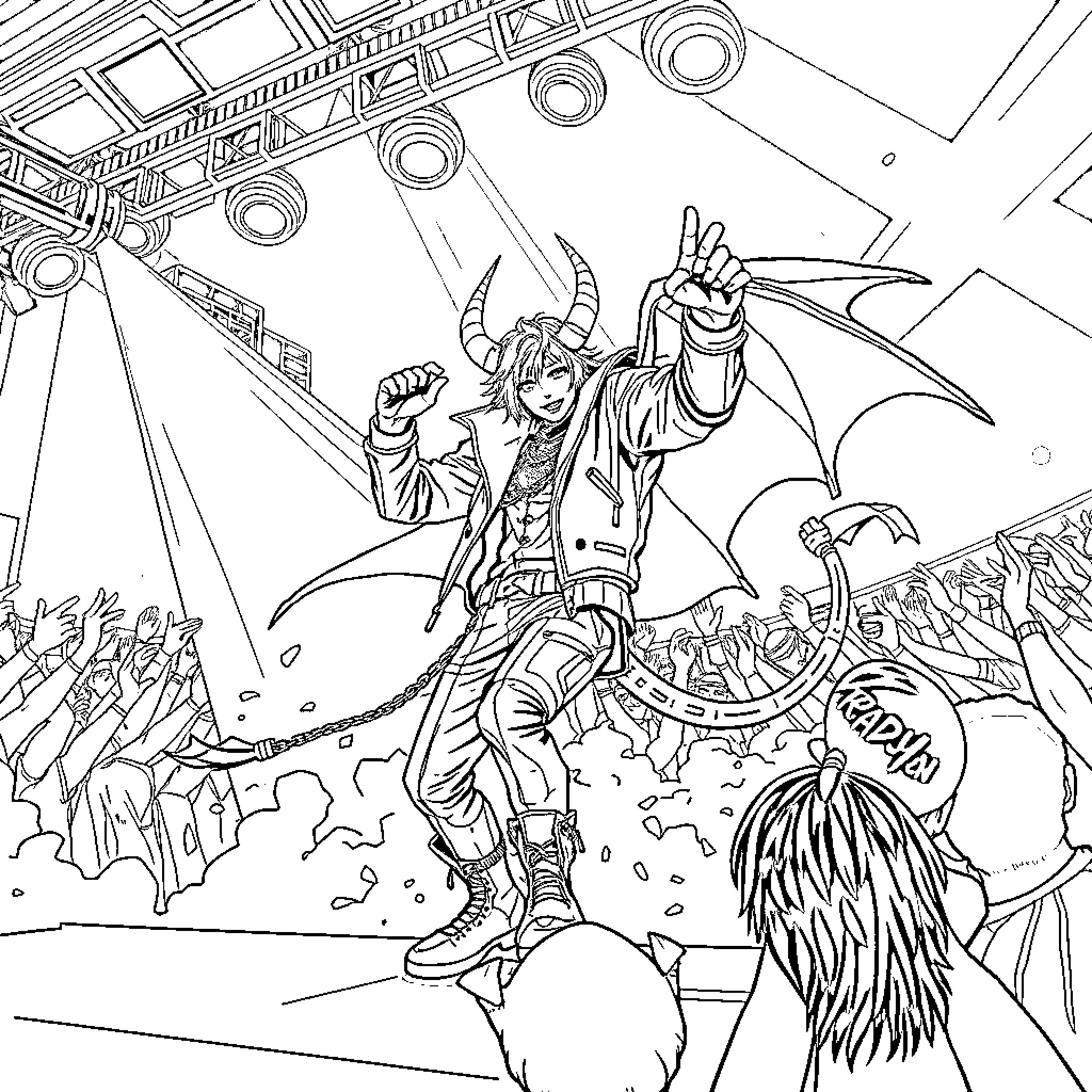 Demon Hunter Battles Fiendish Foes on Stage Coloring Page (free black-and-white line drawing printable PDF for all, from beginners to advanced learners, including children, teens, adults, and seniors)