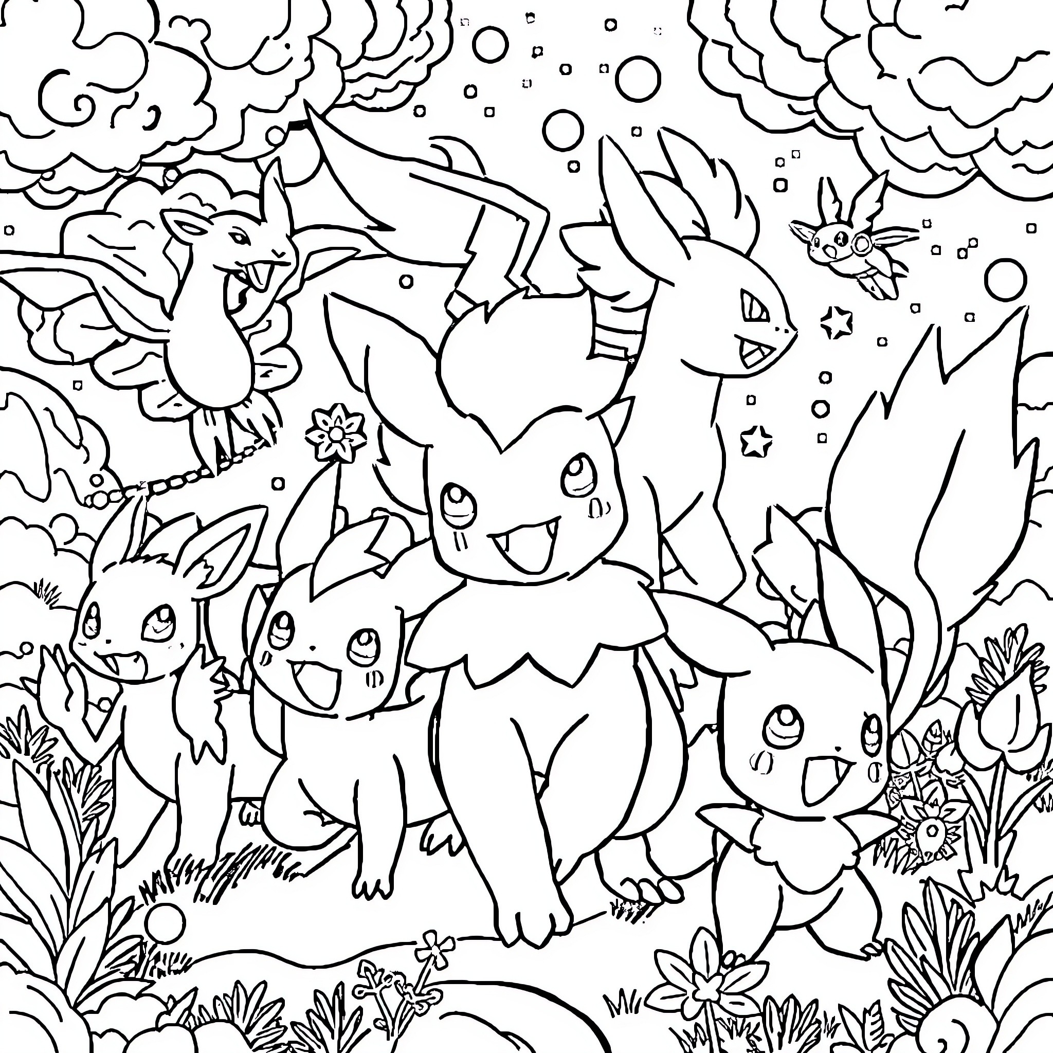Pokémon enjoying a whimsical adventure in a nature scene Coloring Page (free black-and-white line drawing printable PDF for all, from beginners to advanced learners, including children, teens, adults, and seniors)