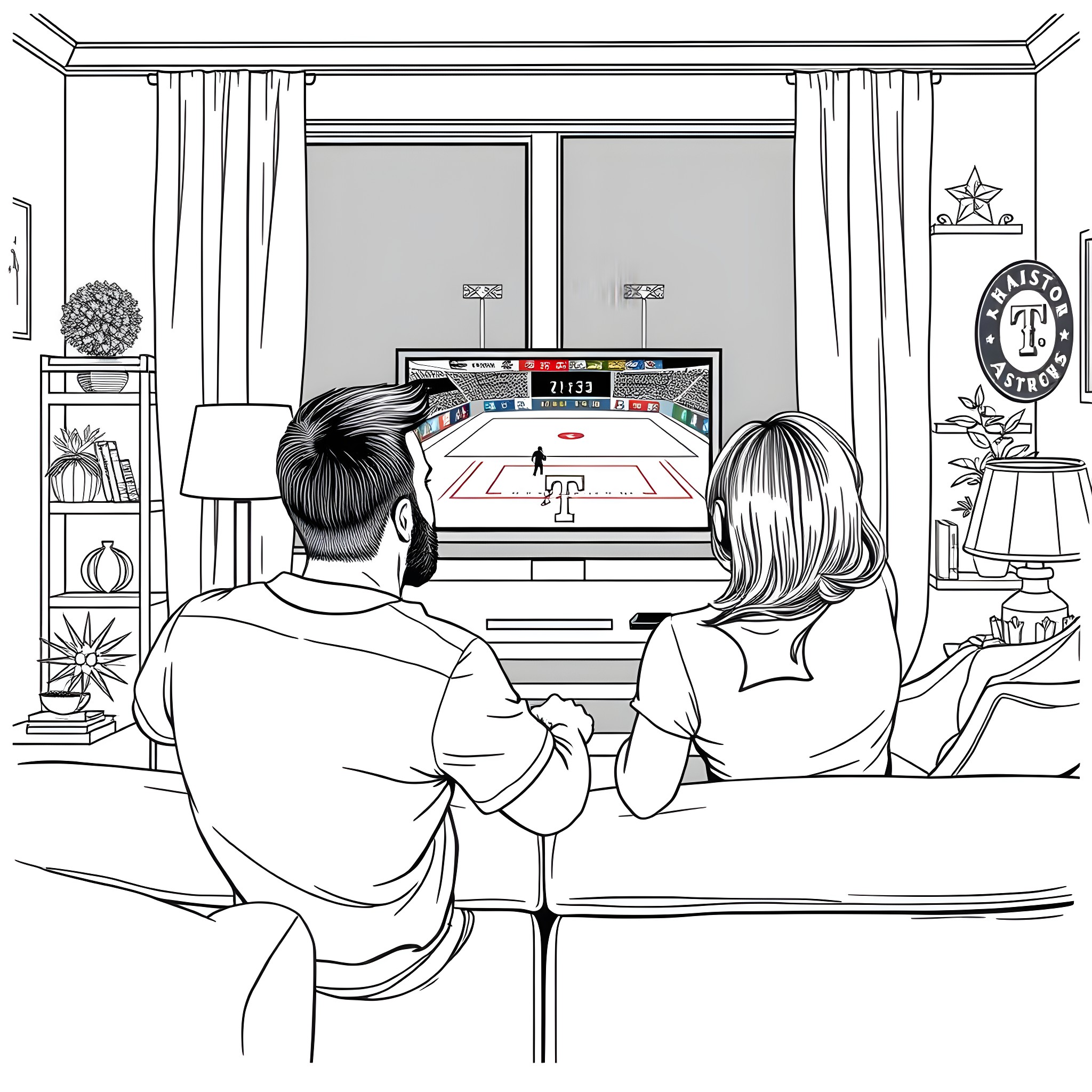 Husband and wife enjoying video game together Coloring Page (free black-and-white line drawing printable PDF for all, from beginners to advanced learners, including children, teens, adults, and seniors)