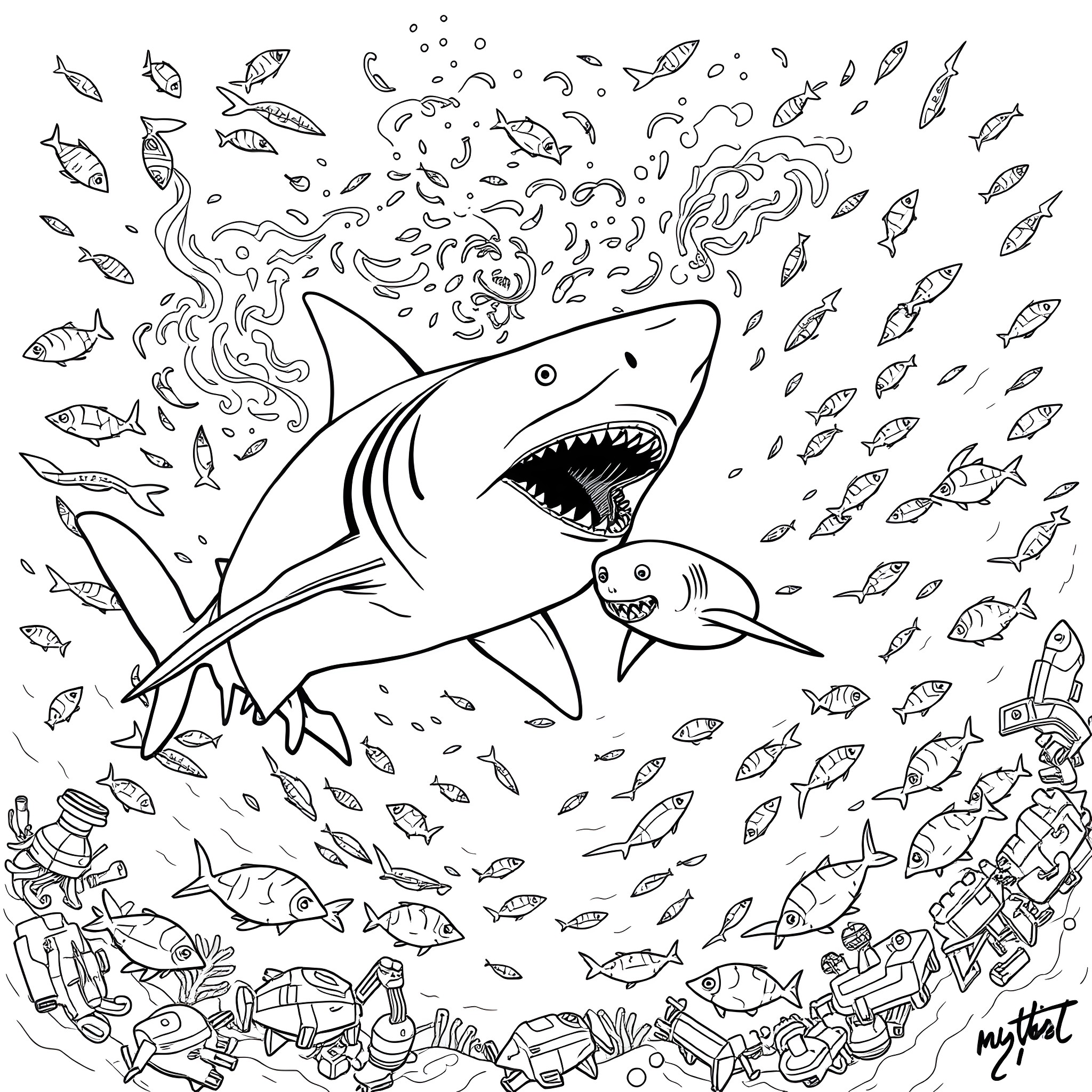 Shark hunting in the ocean with various fish Coloring Page (free black-and-white line drawing printable PDF for all, from beginners to advanced learners, including children, teens, adults, and seniors)