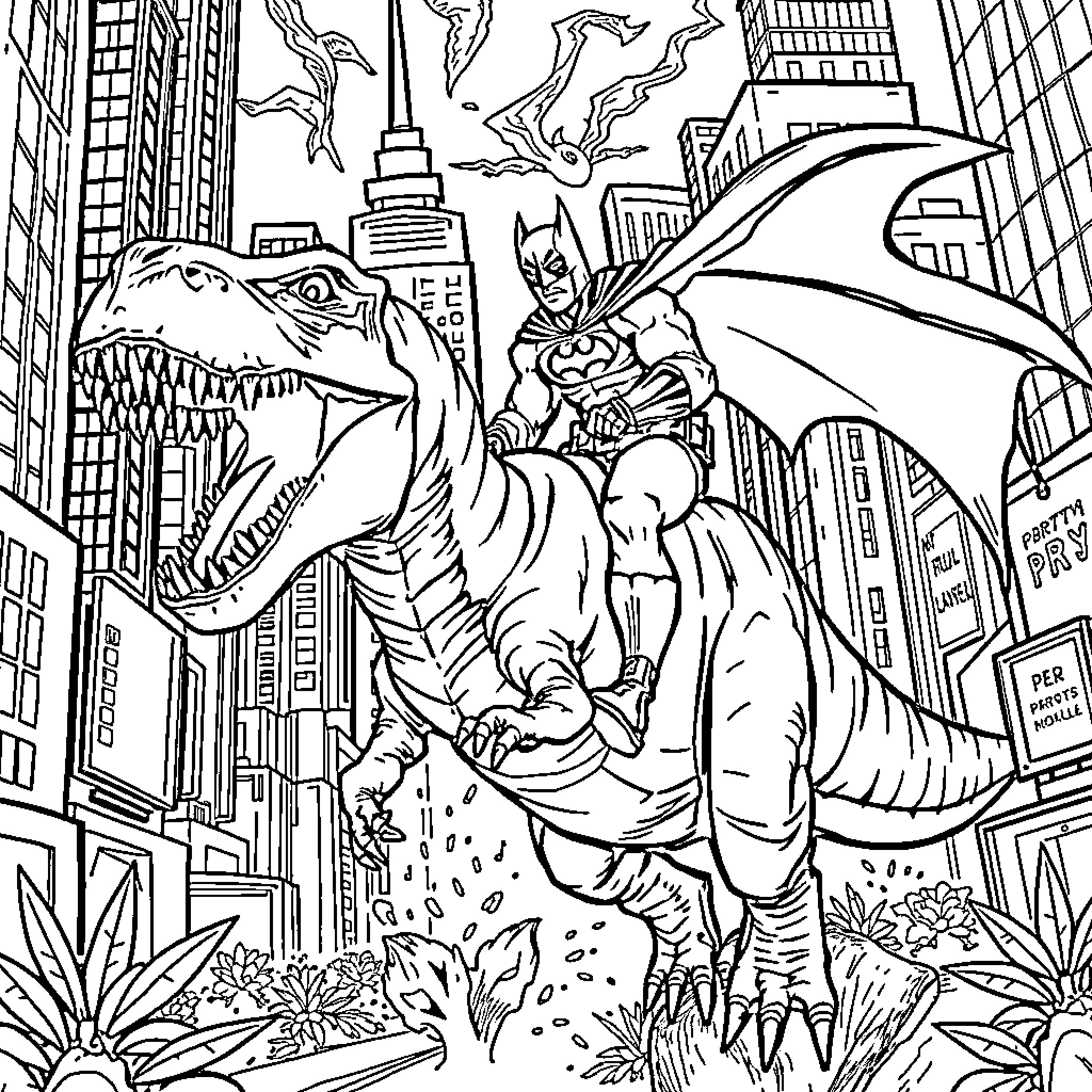 Batman battles a giant dinosaur in the city streets Coloring Page (free black-and-white line drawing printable PDF for all, from beginners to advanced learners, including children, teens, adults, and seniors)